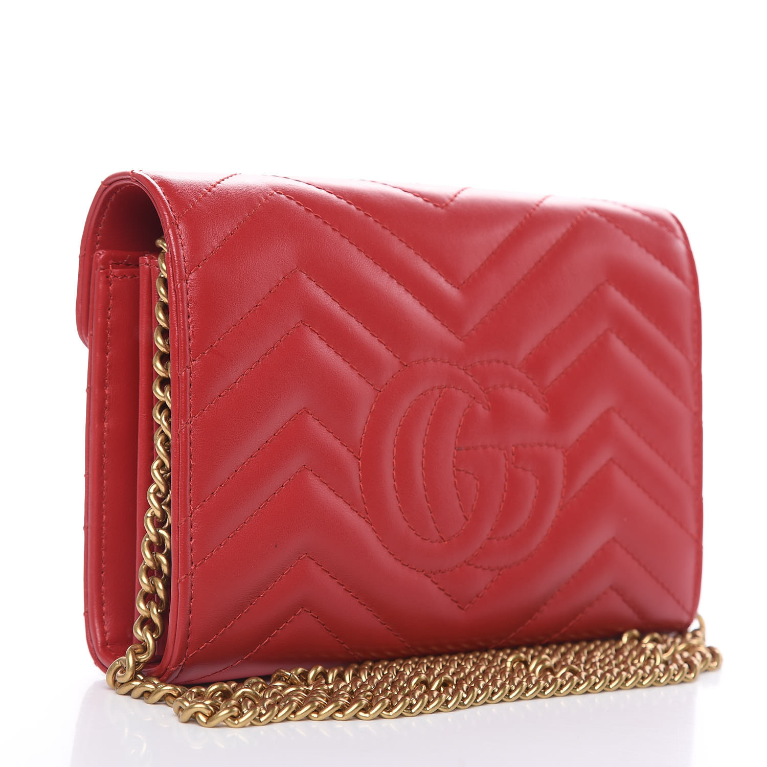 GUCCI Calfskin Matelasse GG Marmont Chain Wallet Red 457857