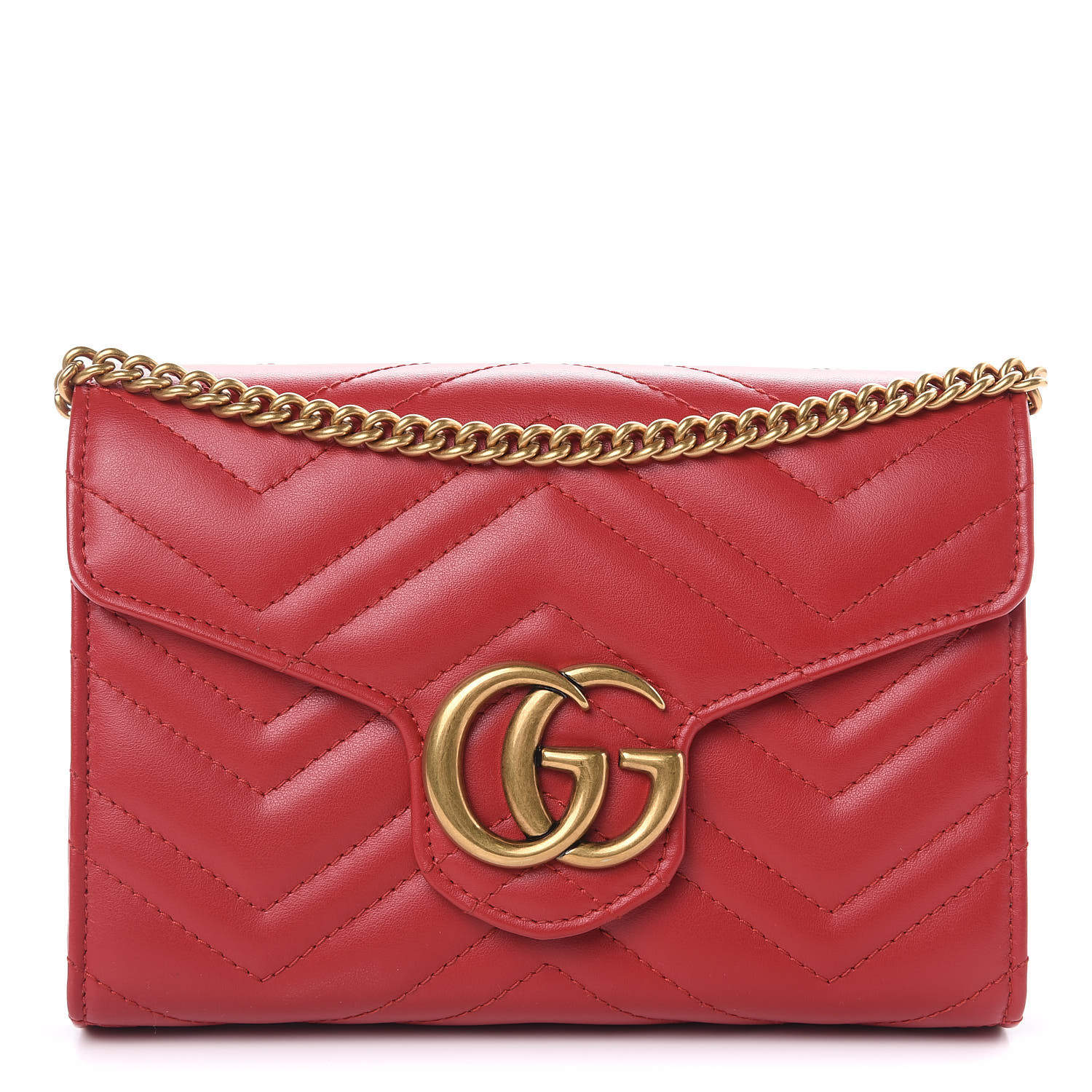 GUCCI Calfskin Matelasse GG Marmont Chain Wallet Red 457857