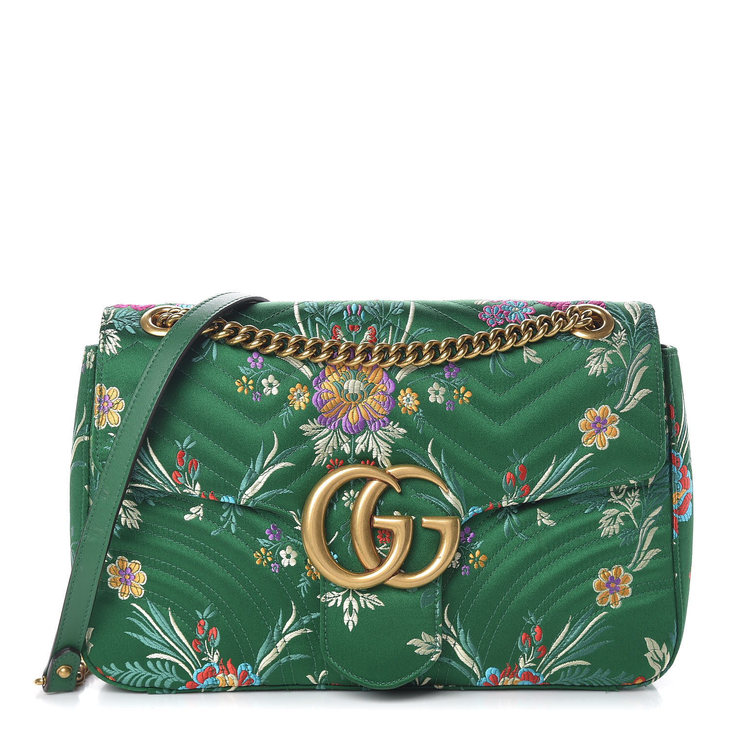 GUCCI Jacquard Matelasse Floral Medium GG Marmont Shoulder Green | FASHIONPHILE
