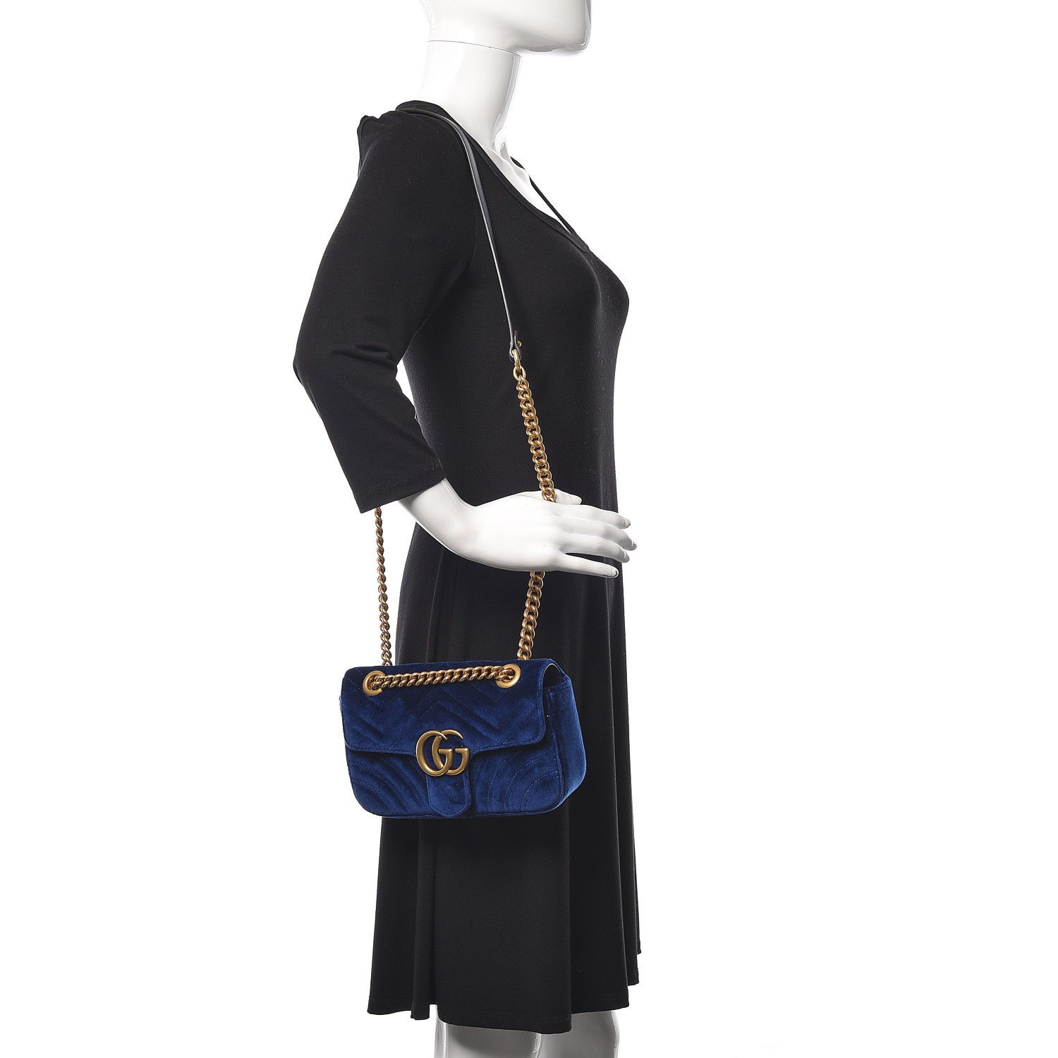 GUCCI Velvet Matelasse Mini GG Marmont Shoulder Bag Cobalt Blue 484152
