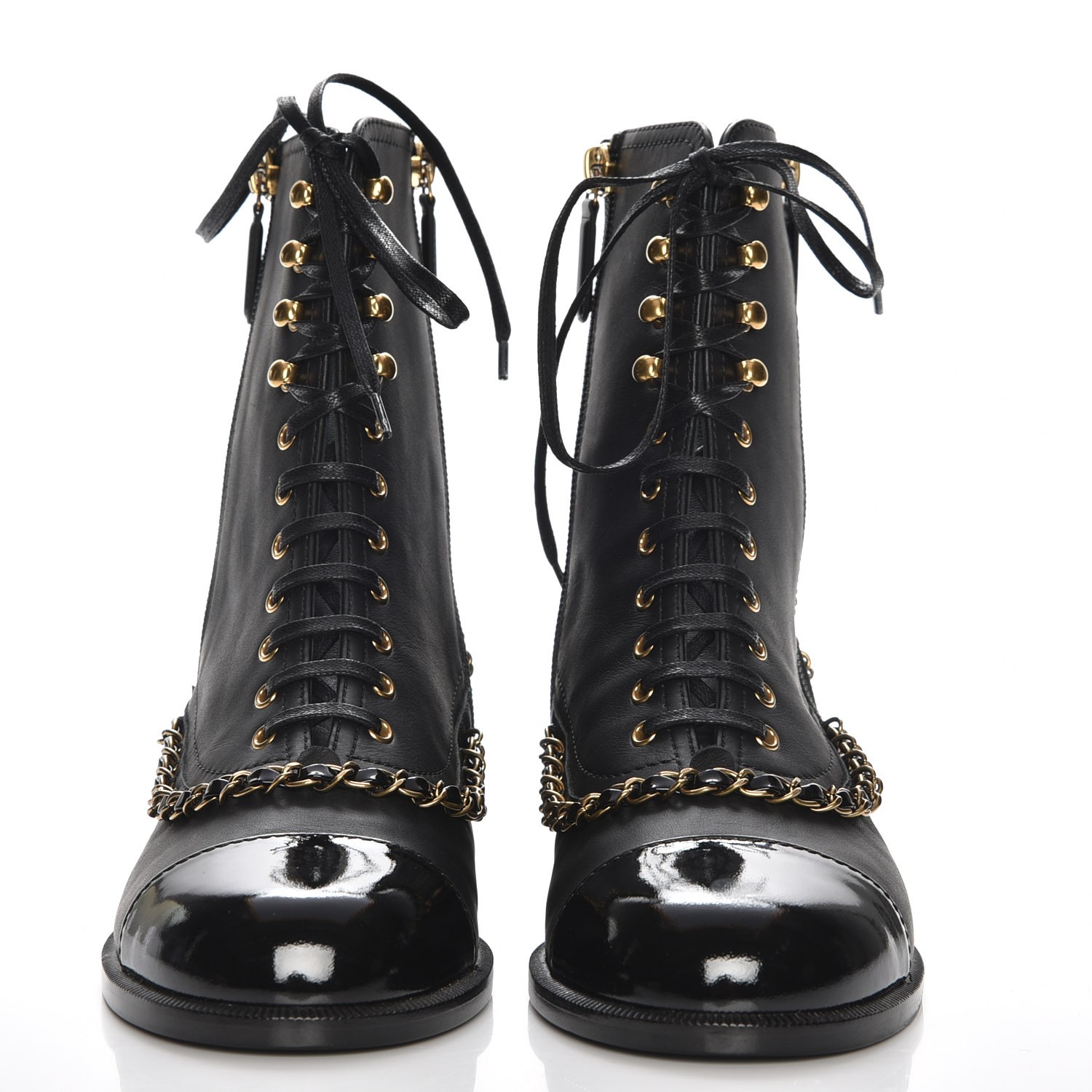 CHANEL Calfskin Chain Lace Up Boots 37.5 Black 212415 | FASHIONPHILE