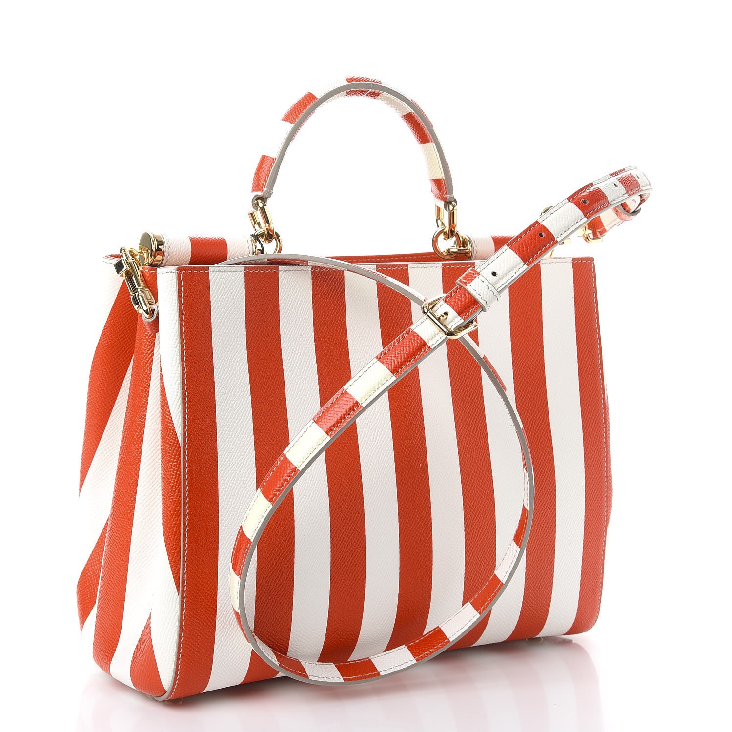 DOLCE & GABBANA Dauphine Striped Top Handle Satchel Red White 262708