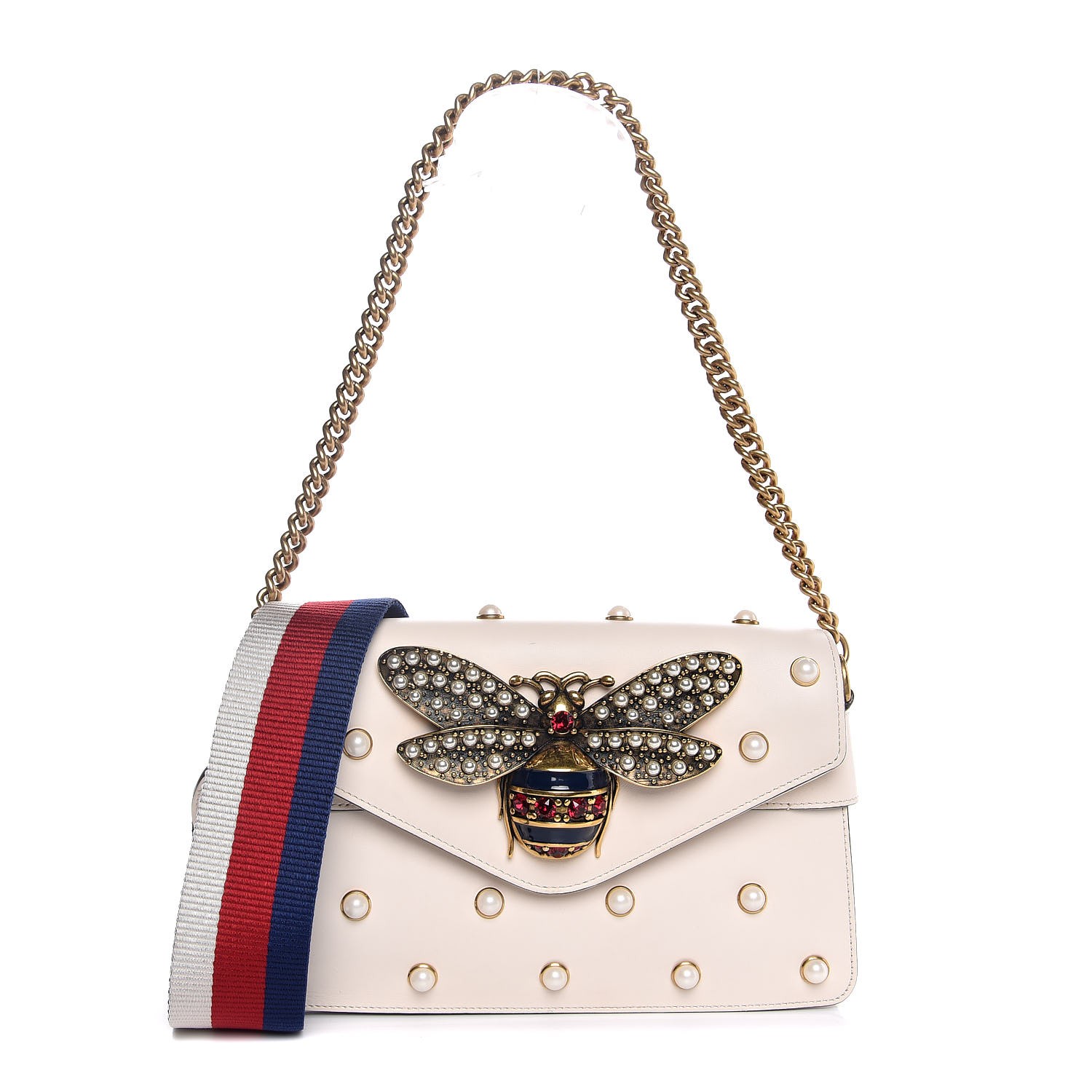 GUCCI Calfskin Pearl Studded Mini Broadway Bee Shoulder Bag White 305849