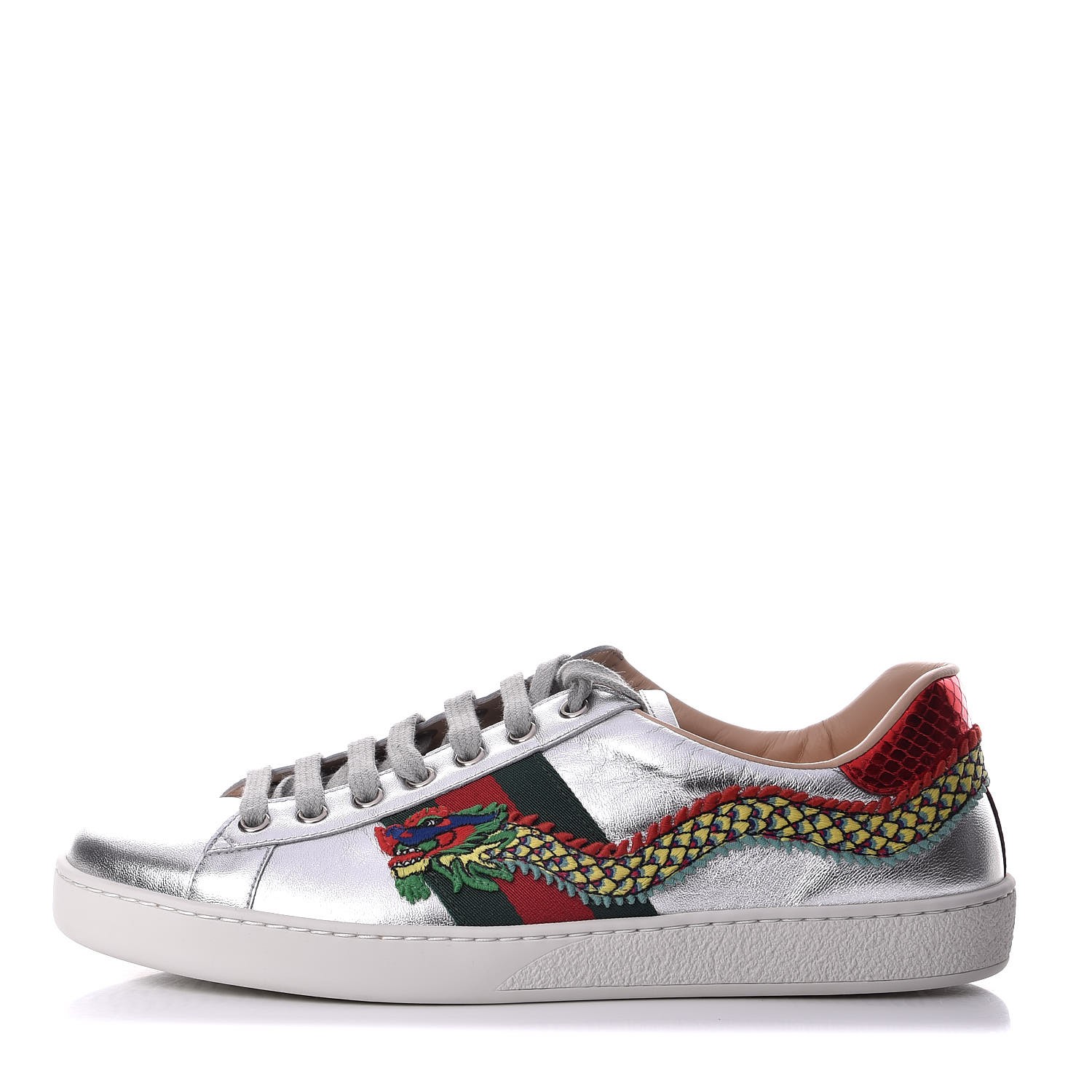GUCCI Metallic Calfskin Mens Dragon Embroidered New Ace Sneakers 8 Silver 335394