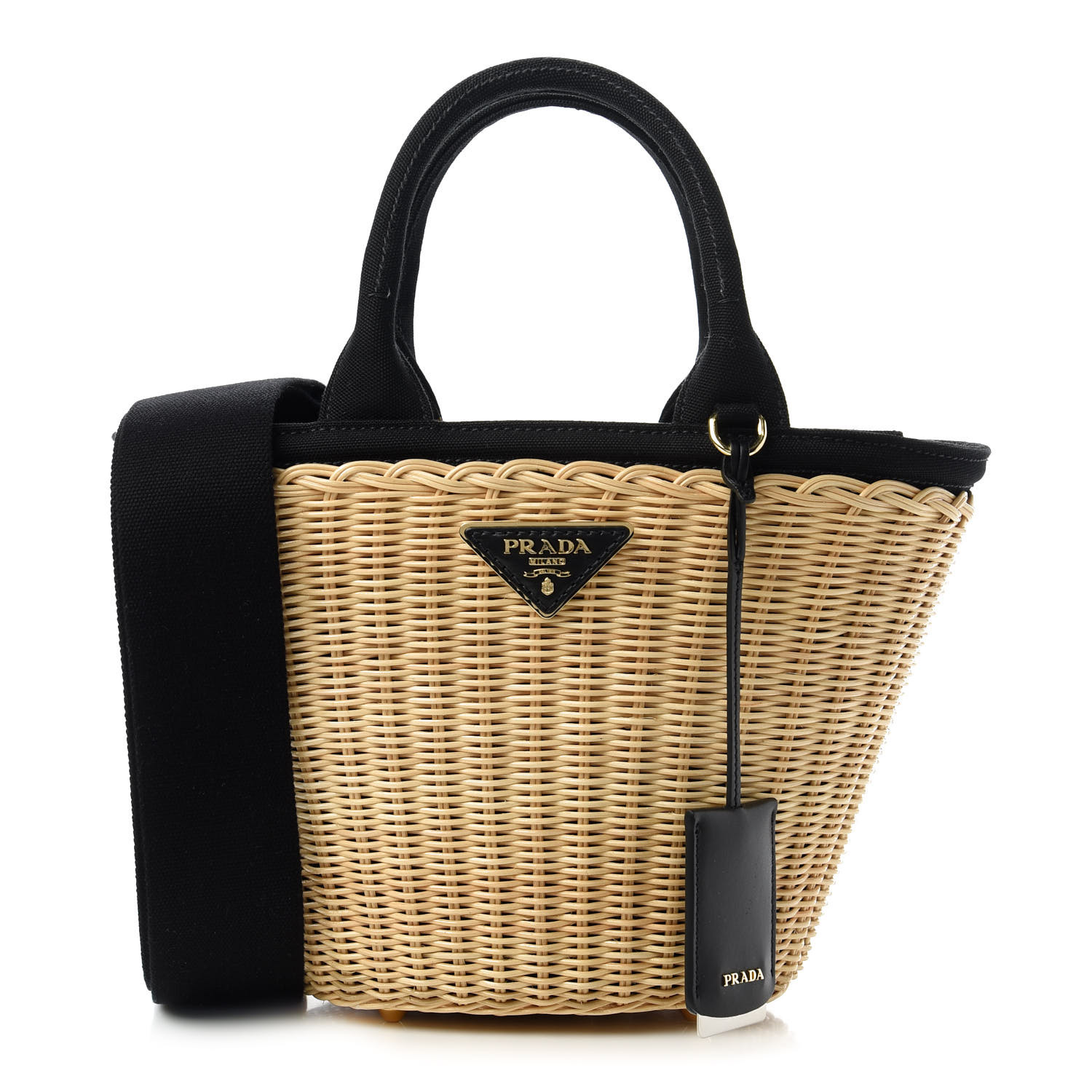 PRADA Wicker Canvas Shoulder Bag Naturale Black 733210 | FASHIONPHILE