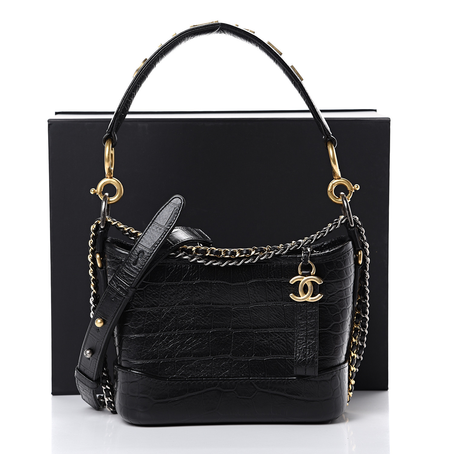 CHANEL Calfskin Crocodile Embossed Small Gabrielle Cocodile Hobo Black ...