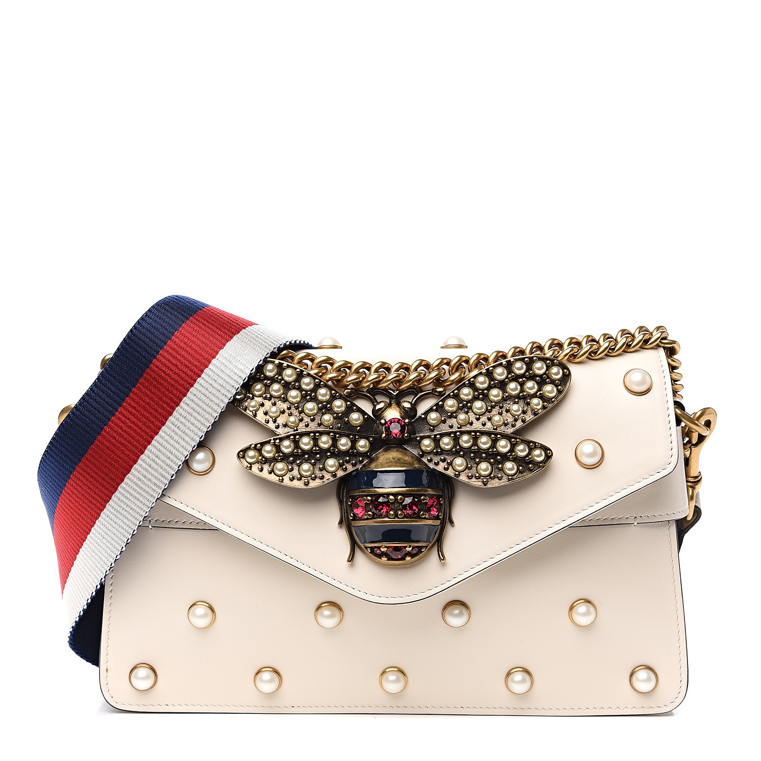 GUCCI Calfskin Pearl Studded Mini Broadway Bee Shoulder Bag White 557256