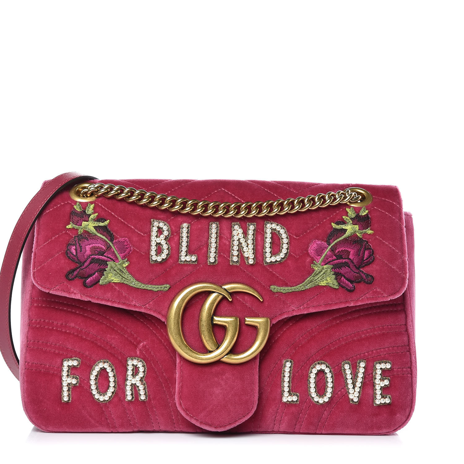 GUCCI Velvet Embroidered Medium Blind For Love Marmont Shoulder Bag Pink 396744