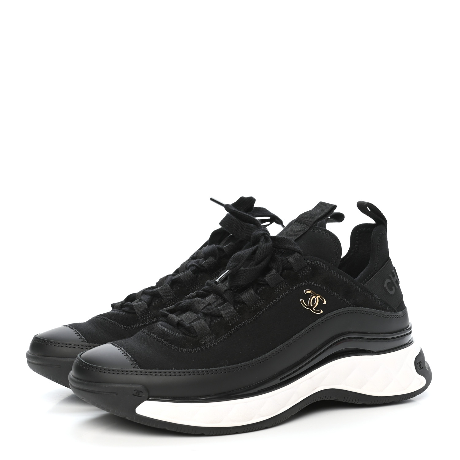 chanel cc velvet calfskin mixed fibers black gold chunky sneaker