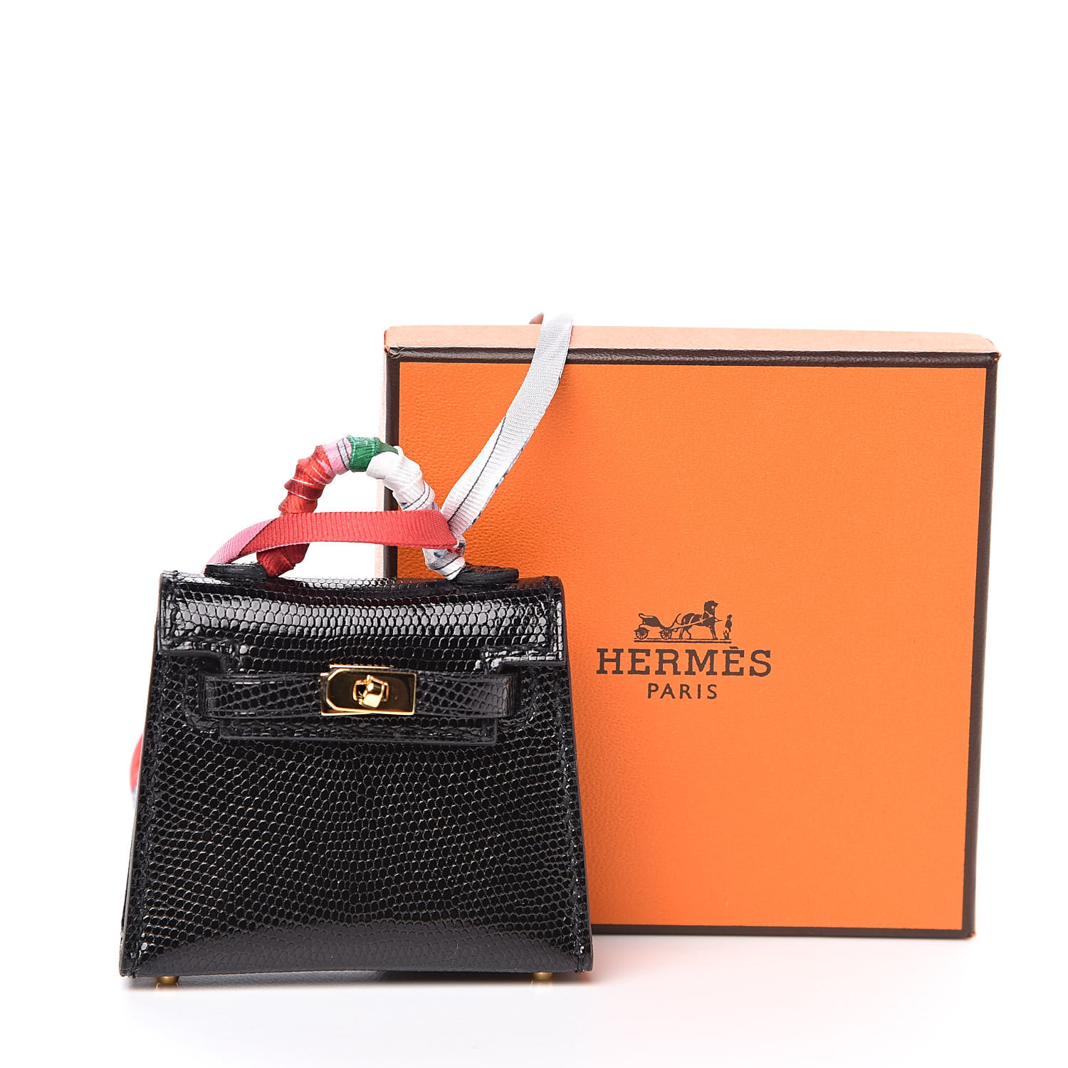 HERMES Lizard Mini Kelly Twilly Bag Charm Black 502827