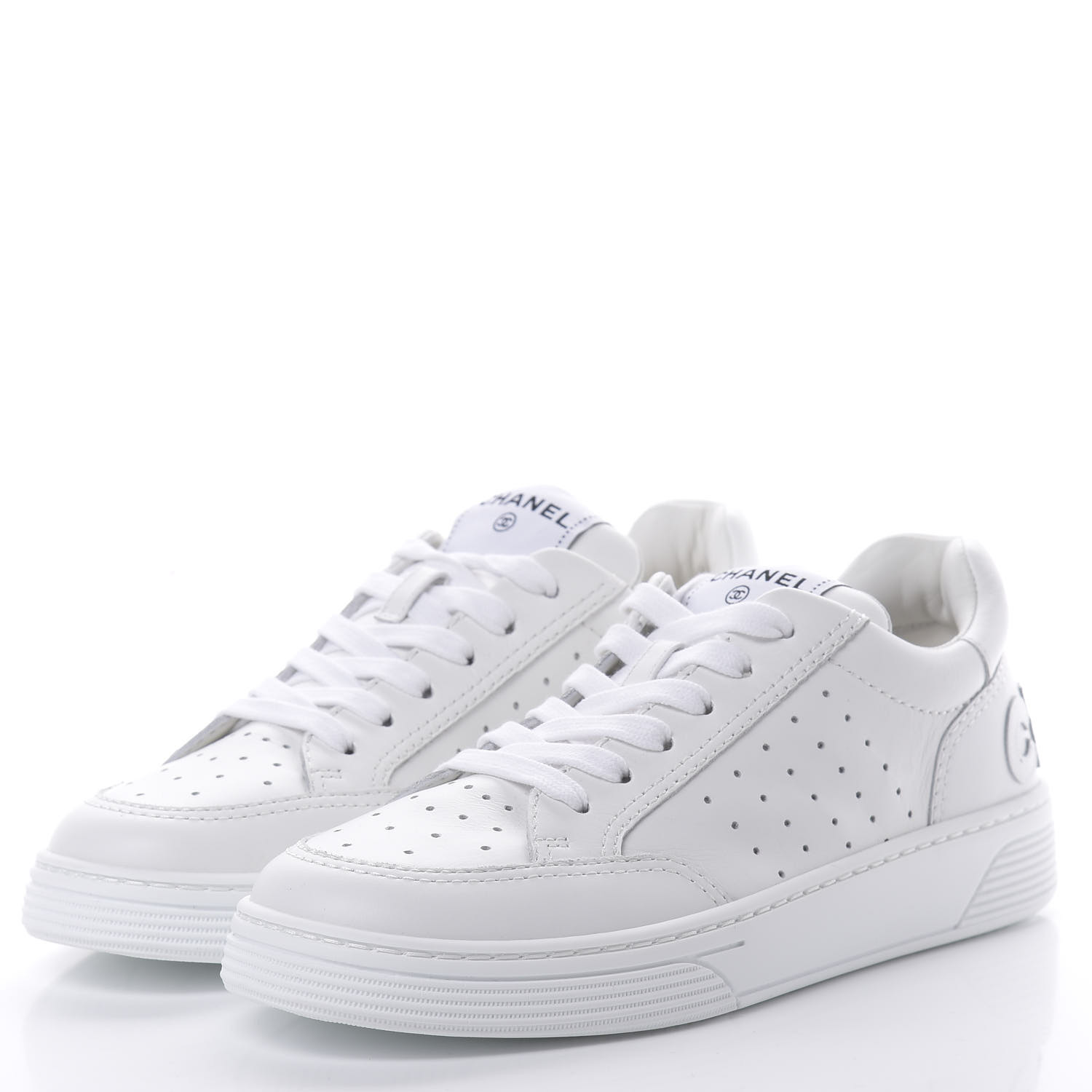 CHANEL Calfskin Womens Logo Sneakers 38.5 White 622033 | FASHIONPHILE