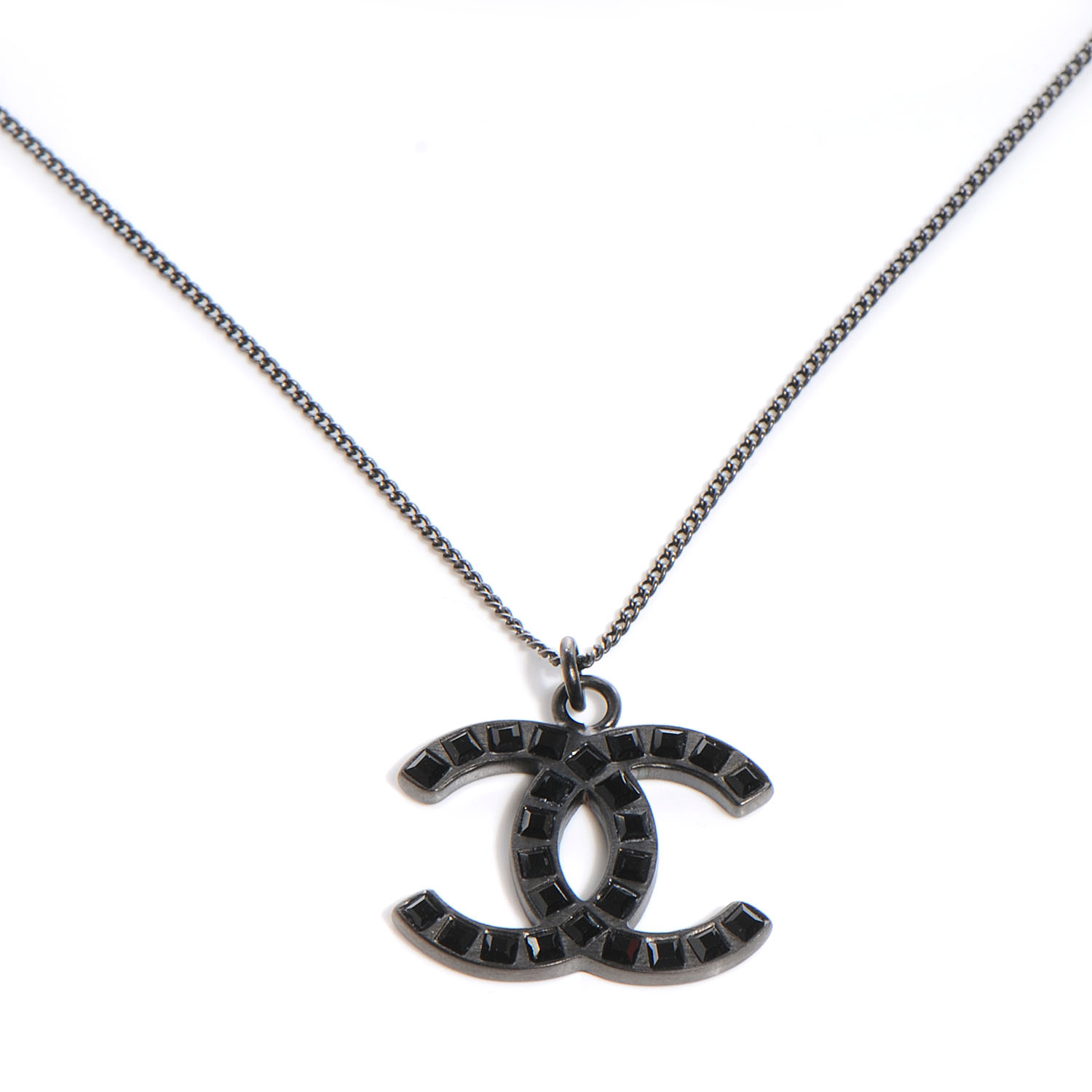 CHANEL Crystal Studded CC Necklace Dark Silver Black 58802