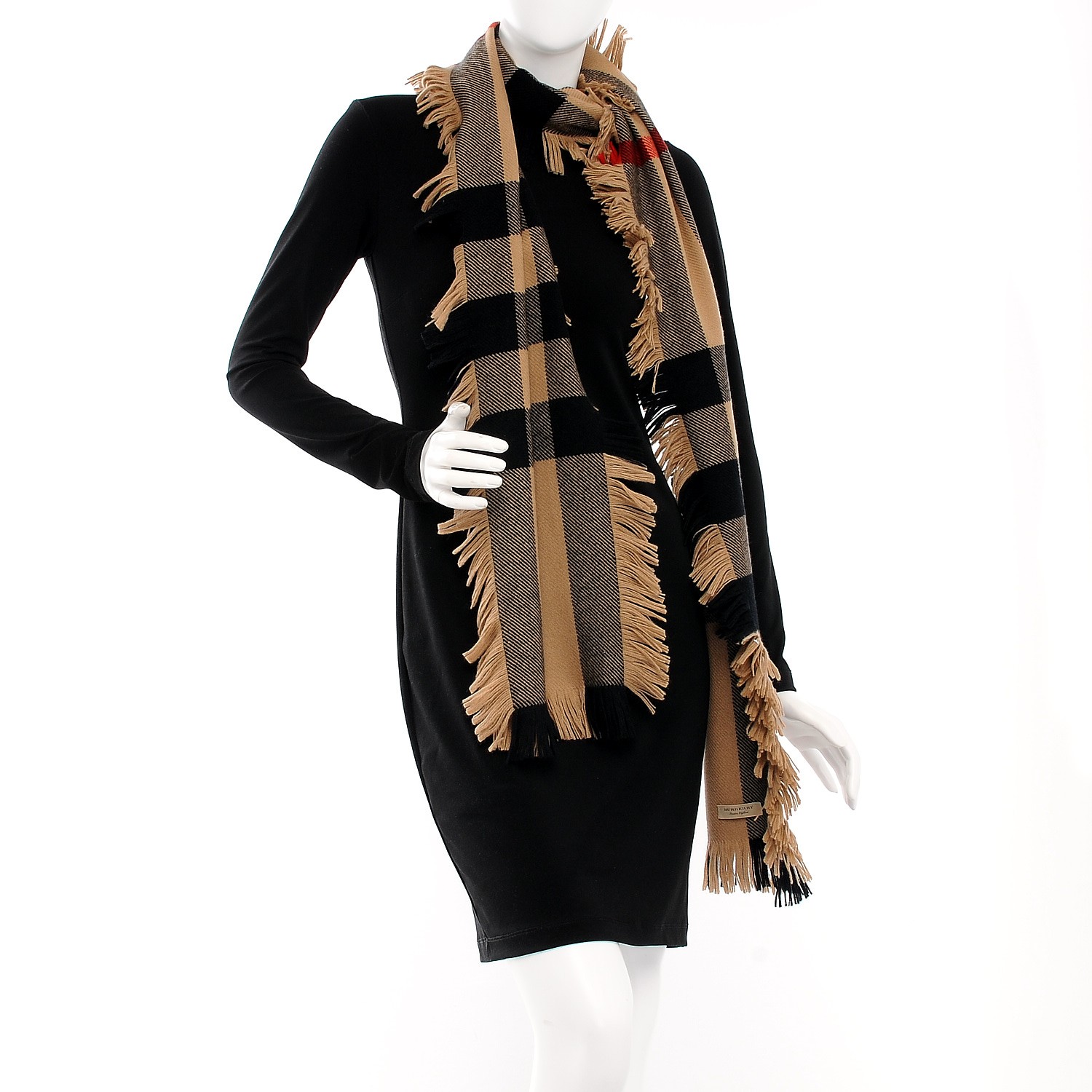 burberry fringed check wool scarf