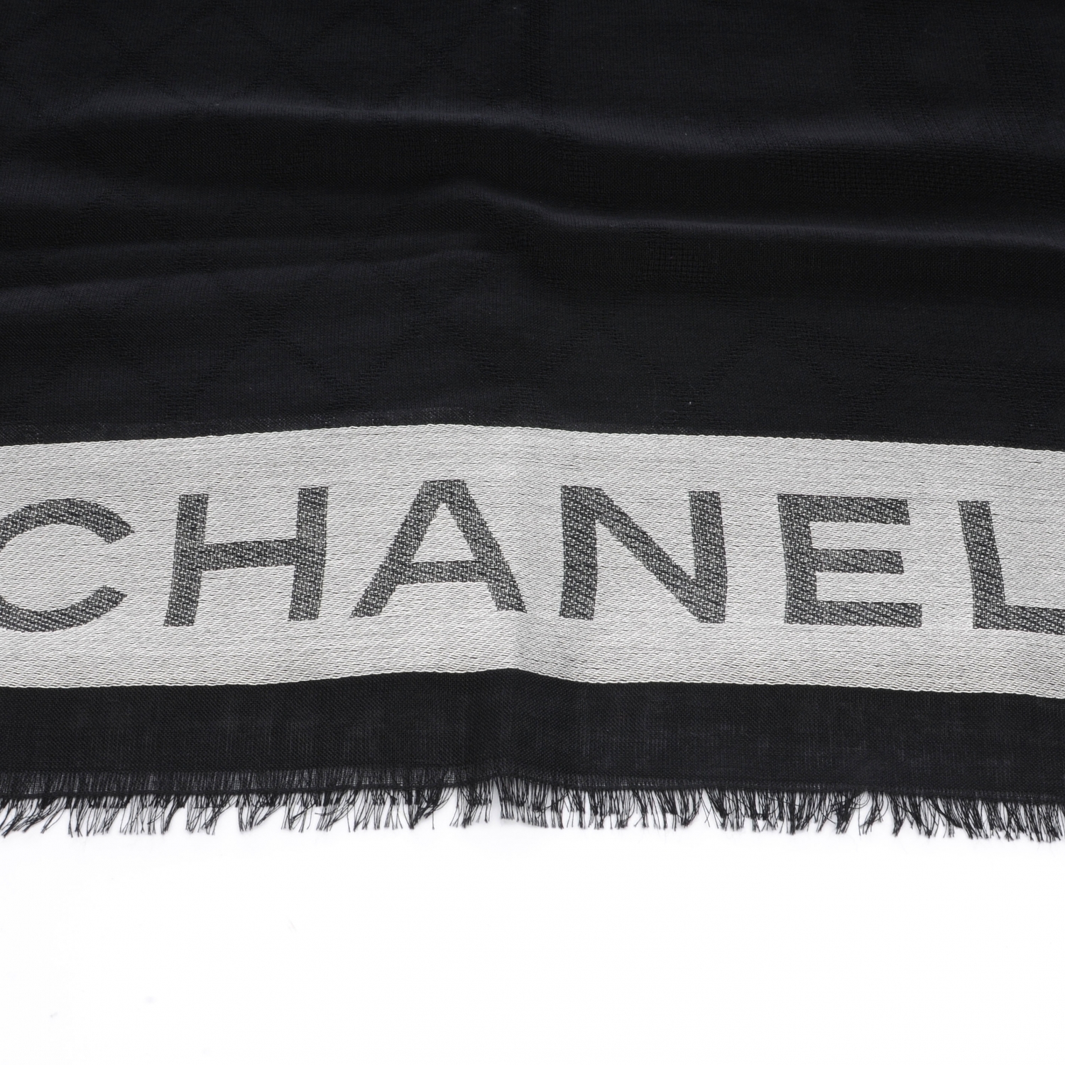 CHANEL Wool Cashmere Silk CC Scarf Shawl Black White 47522