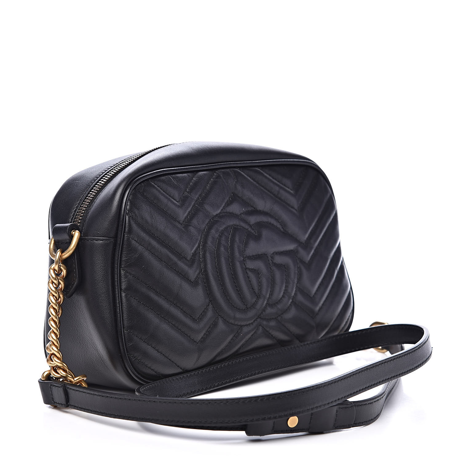 GUCCI Calfskin Matelasse Small GG Marmont Chain Shoulder Bag Black 531586