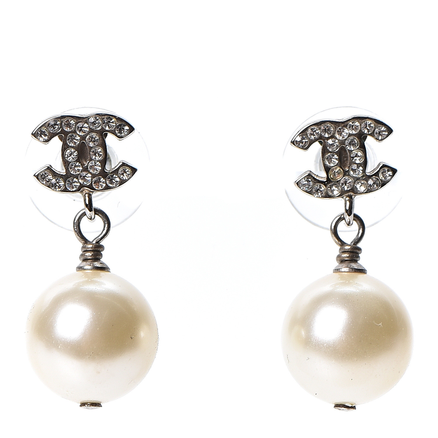 CHANEL Crystal Pearl CC Drop Earrings Silver 567671