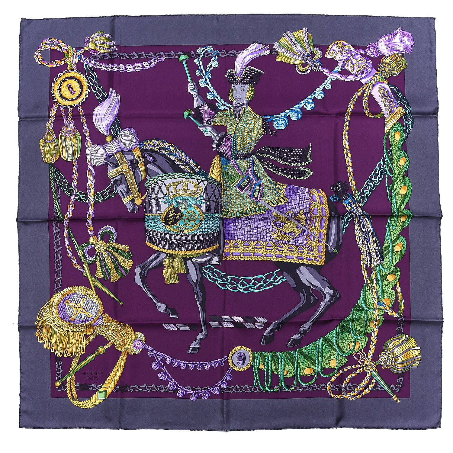 HERMES Silk Le Timbalier Scarf 90 Anthracite Violet Vert 368206 