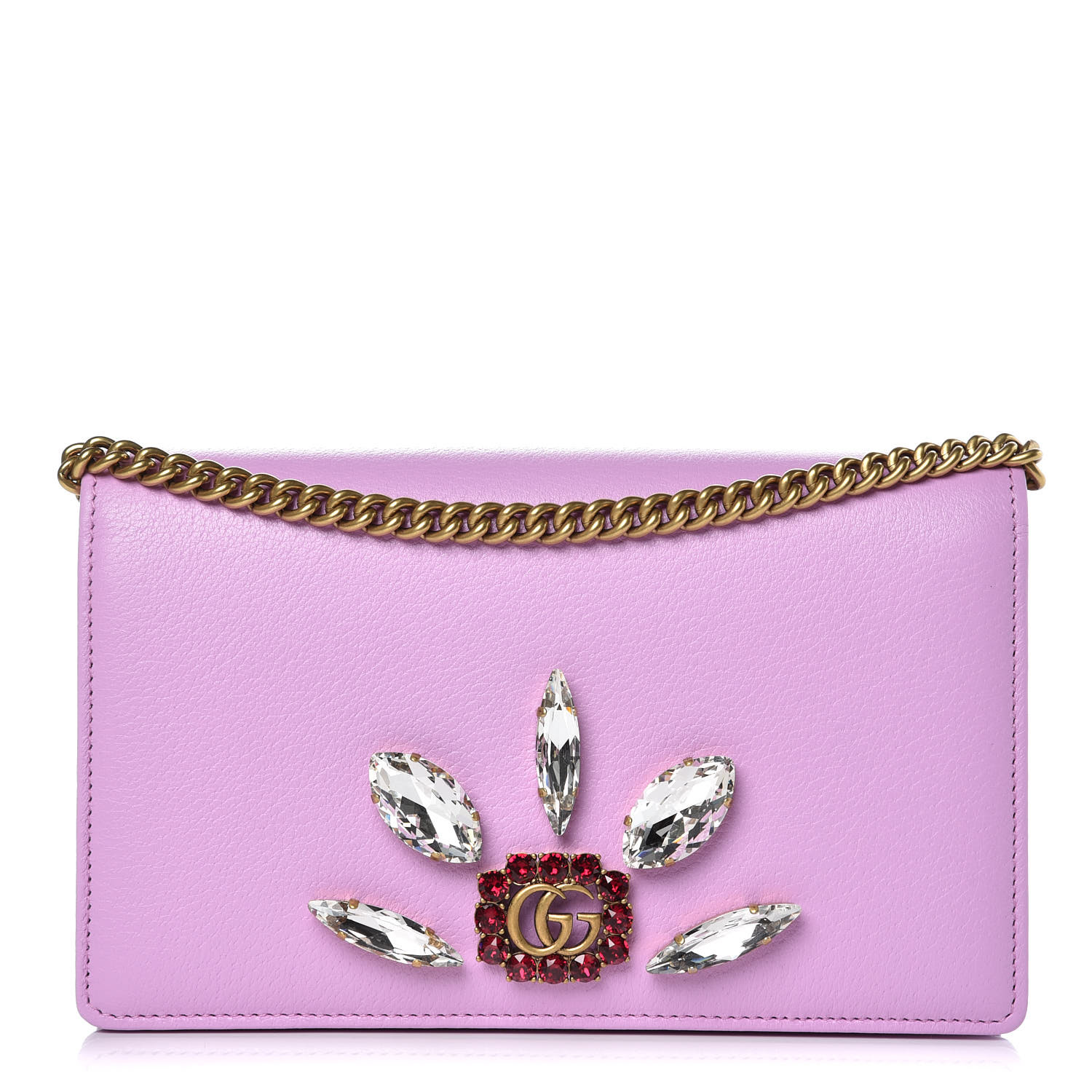 GUCCI Calfskin Marquise Crystals Mini GG Chain Wallet Pink 368893 