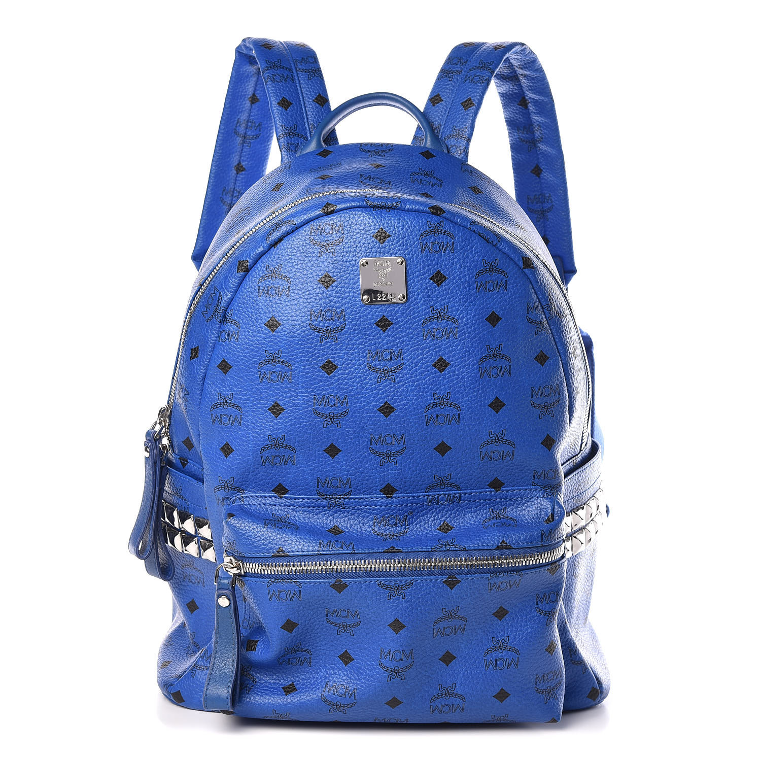 blue mcm backpack with studs