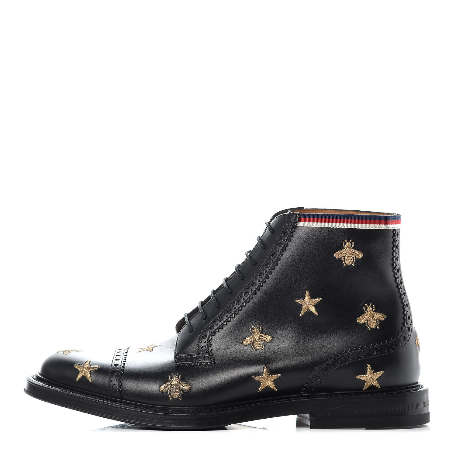 GUCCI Calfskin Mens Embroidered Bee Star Brogue Boots 7.5 Black 407359