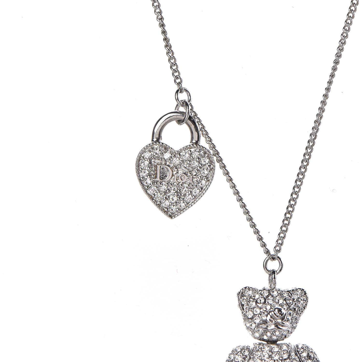 CHRISTIAN DIOR Crystal Teddy Bear Heart Necklace Silver 378265