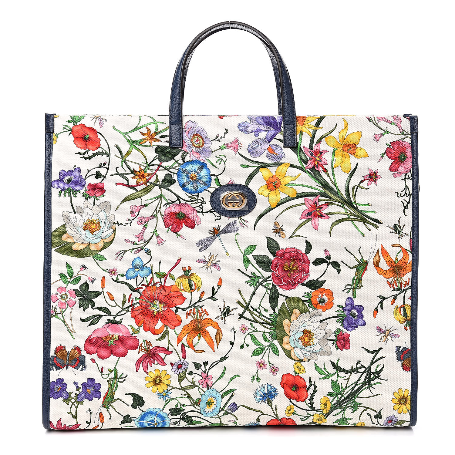 GUCCI Canvas Large Flora Tote Navy Multicolor 520174