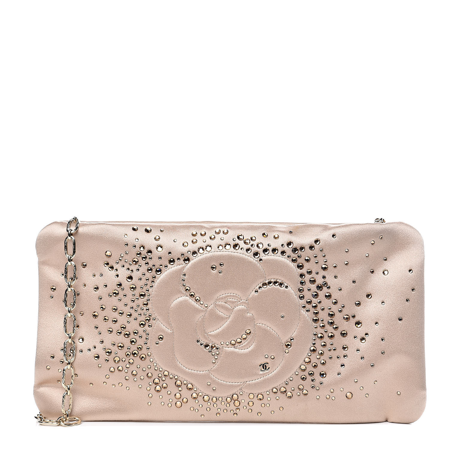 CHANEL Satin Diamante Camellia Evening Clutch Bag Light Beige 519664