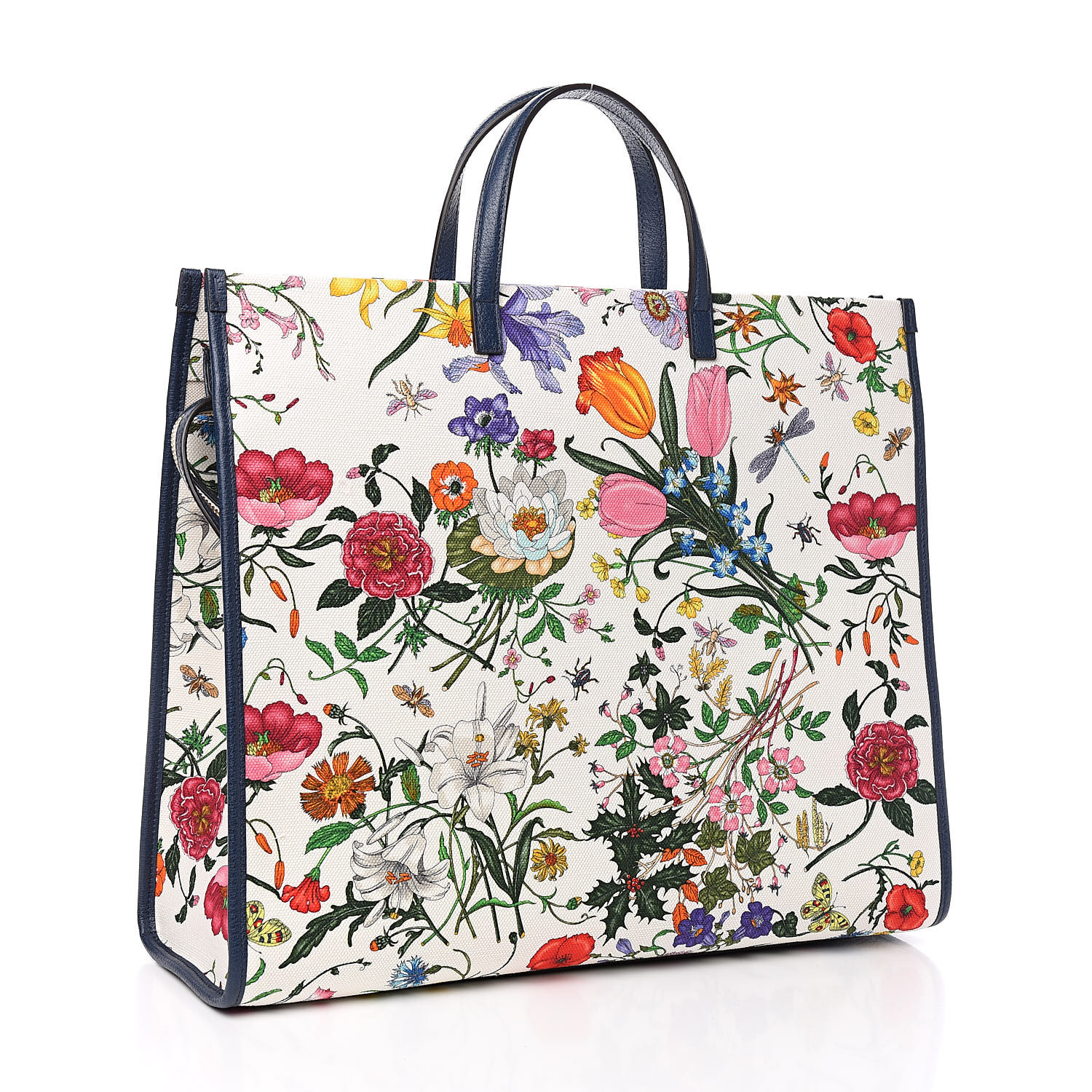 GUCCI Canvas Large Flora Tote Navy Multicolor 520174