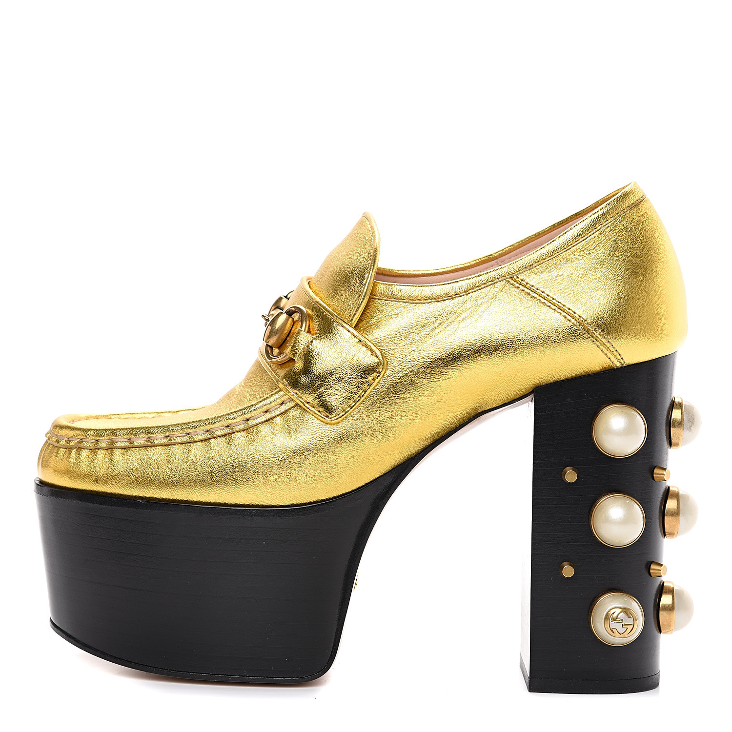 gucci gold heels with pearls