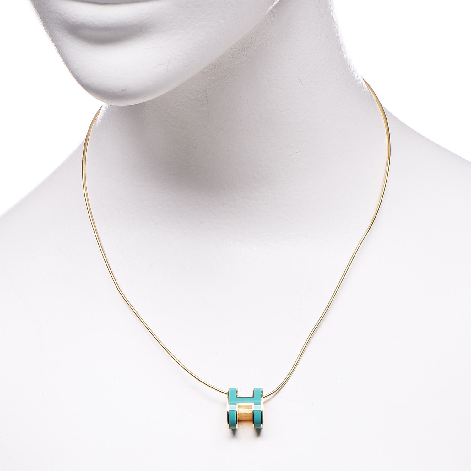 HERMES Lacquered Gold Pop H Pendant Necklace Turquoise 276047