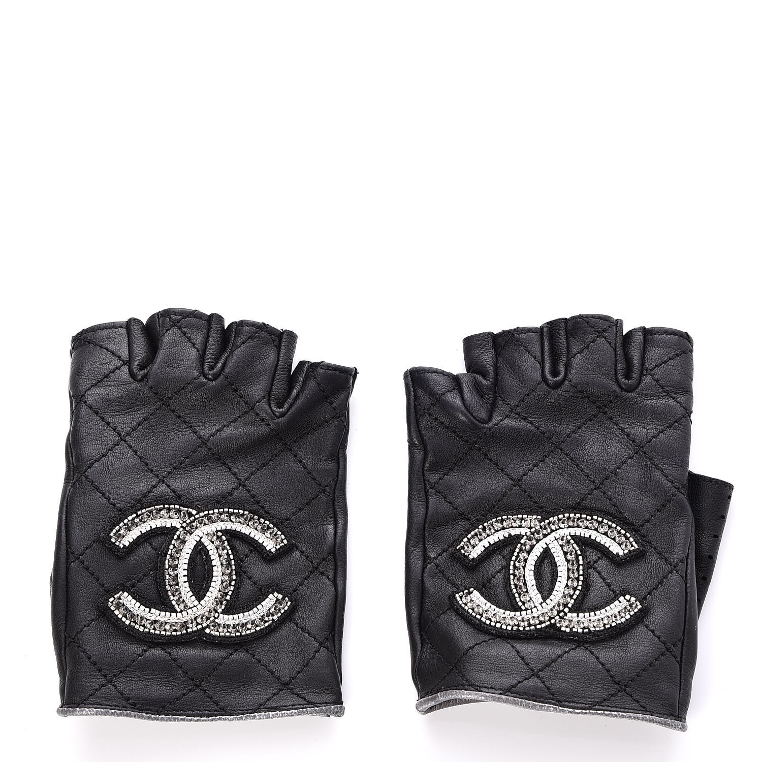 CHANEL Lambskin Stitched Fingerless CC Embellished Gloves 7 Black ...