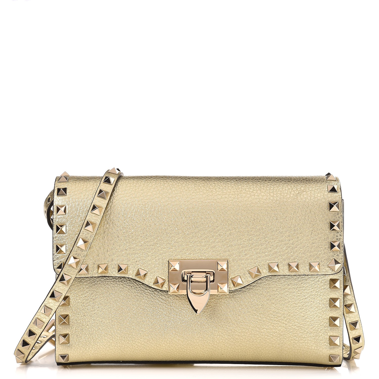 VALENTINO Pebbled Calfskin Medium Rockstud Flip Crossbody Gold 242703 |