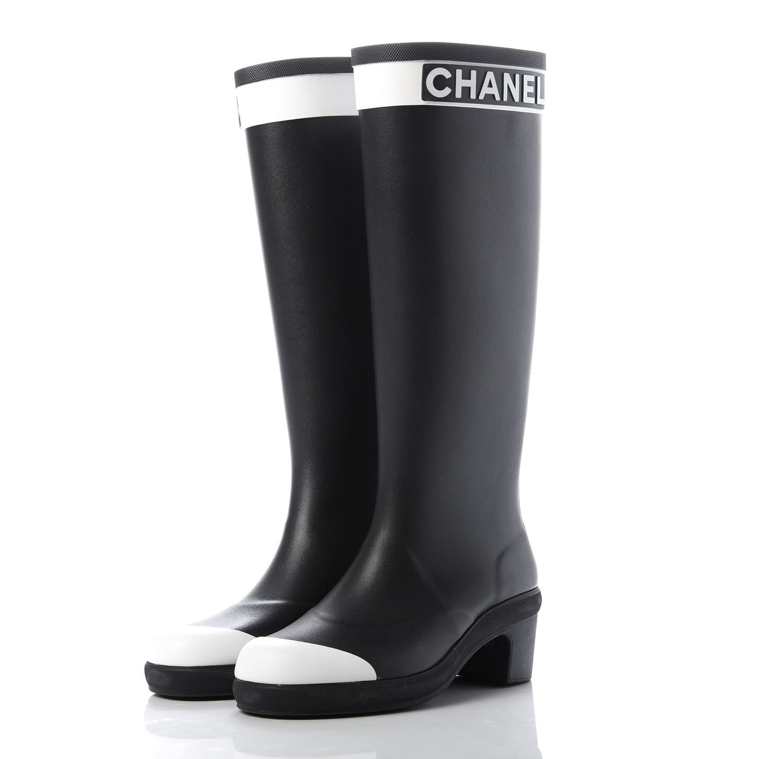 CHANEL Rubber Logo Rain Boots 36 Black White 666789 | FASHIONPHILE