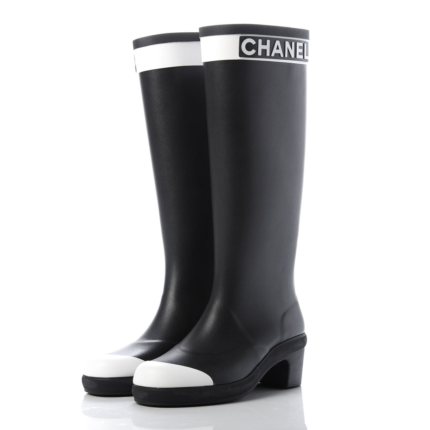 CHANEL Rubber Logo Rain Boots 36 Black White 666789 FASHIONPHILE