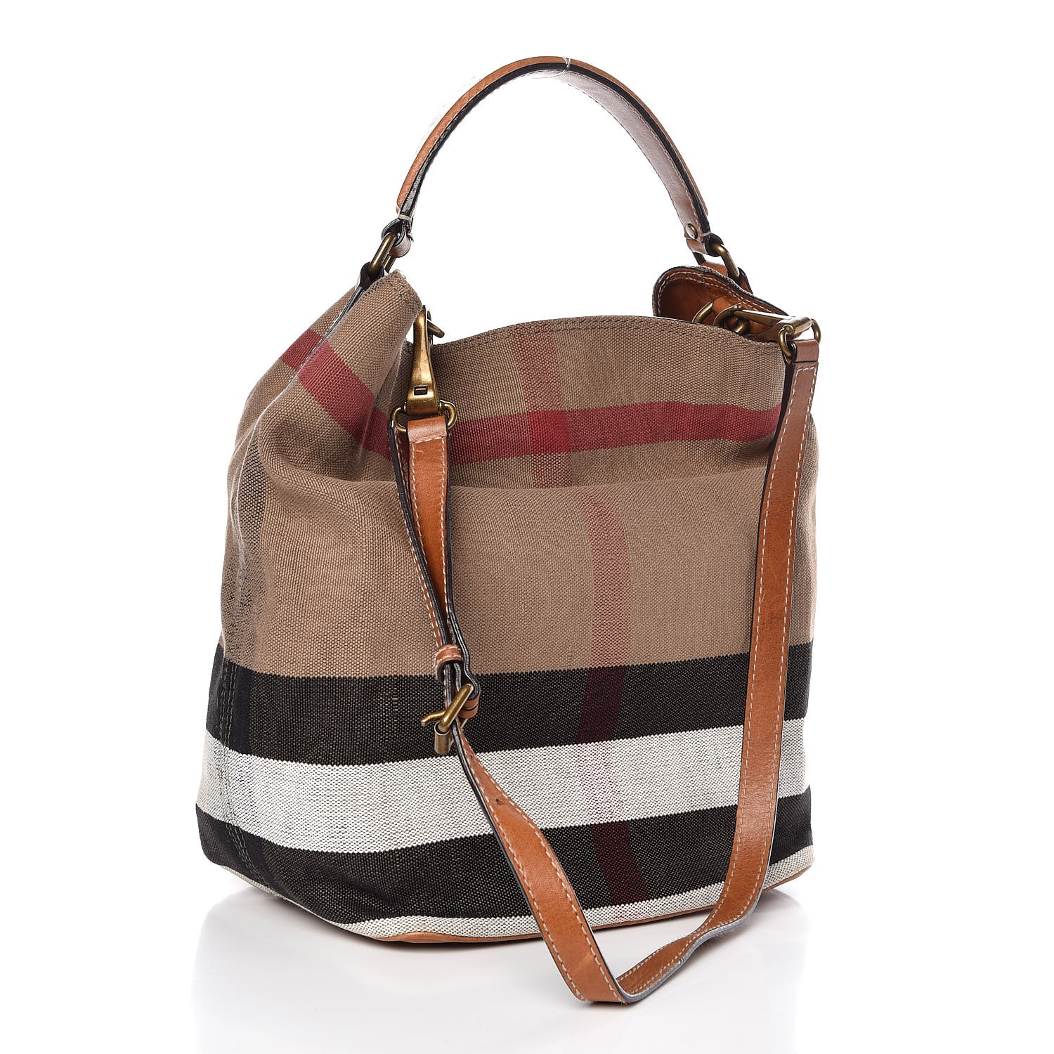 BURBERRY Canvas Check Medium Ashby Hobo Saddle Brown 336645