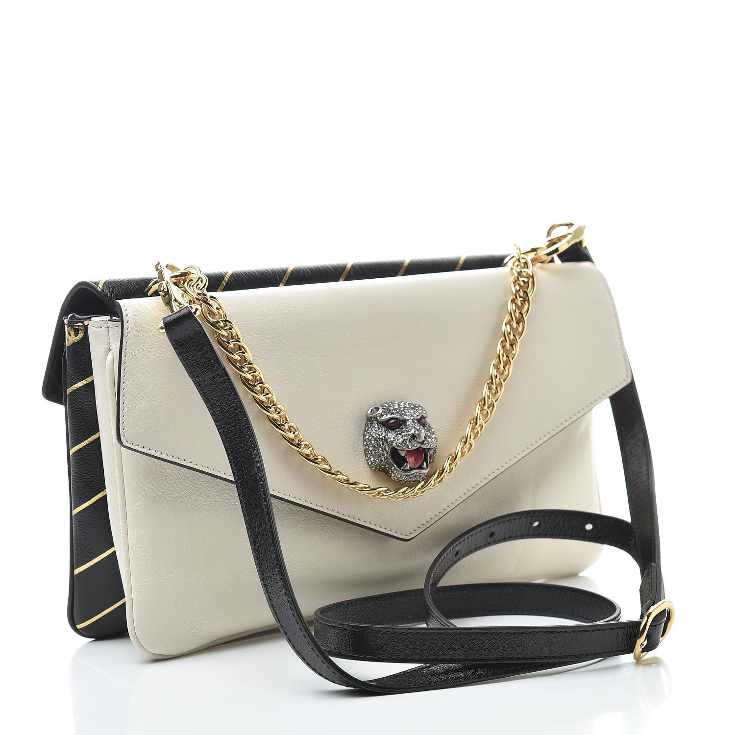 GUCCI Calfskin Medium Double Shoulder Bag Black White 528164