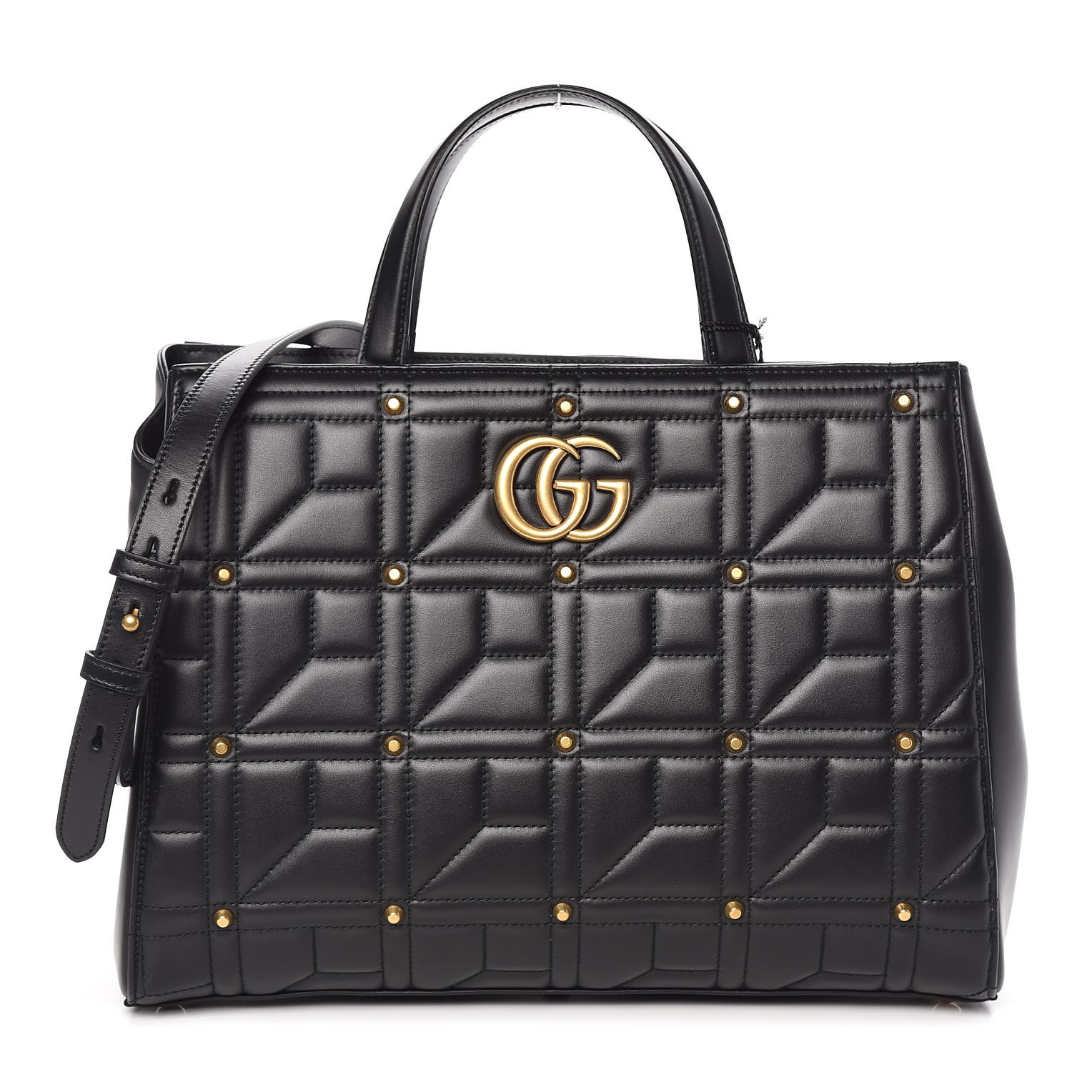 GUCCI Calfskin Matelasse Studded Medium GG Marmont Top Handle Bag Black 349303