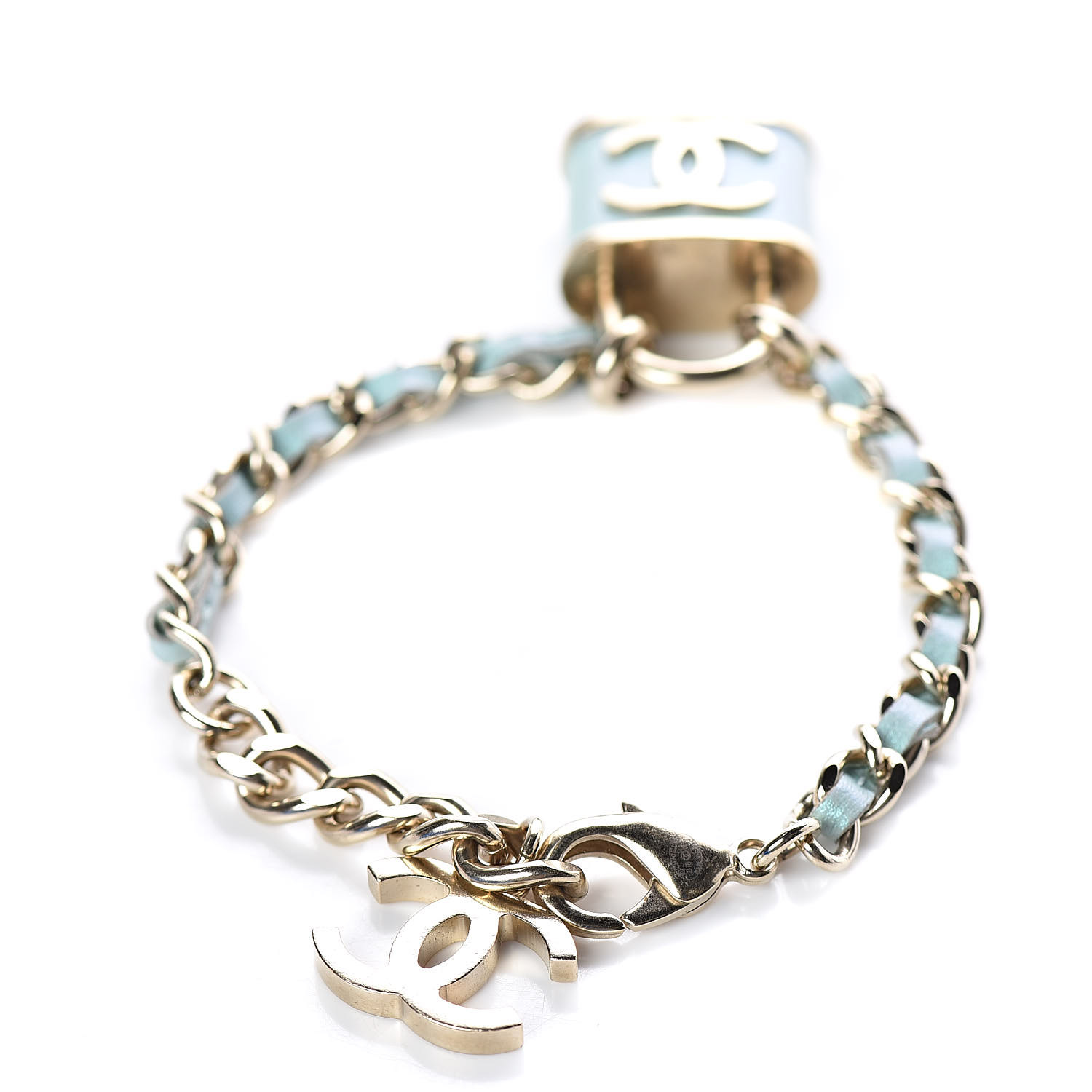 Chanel Metal Iridescent Lambskin Lock Bracelet Gold Light Blue 502405 Iridescent Lambskin Lock Bracelet Gold