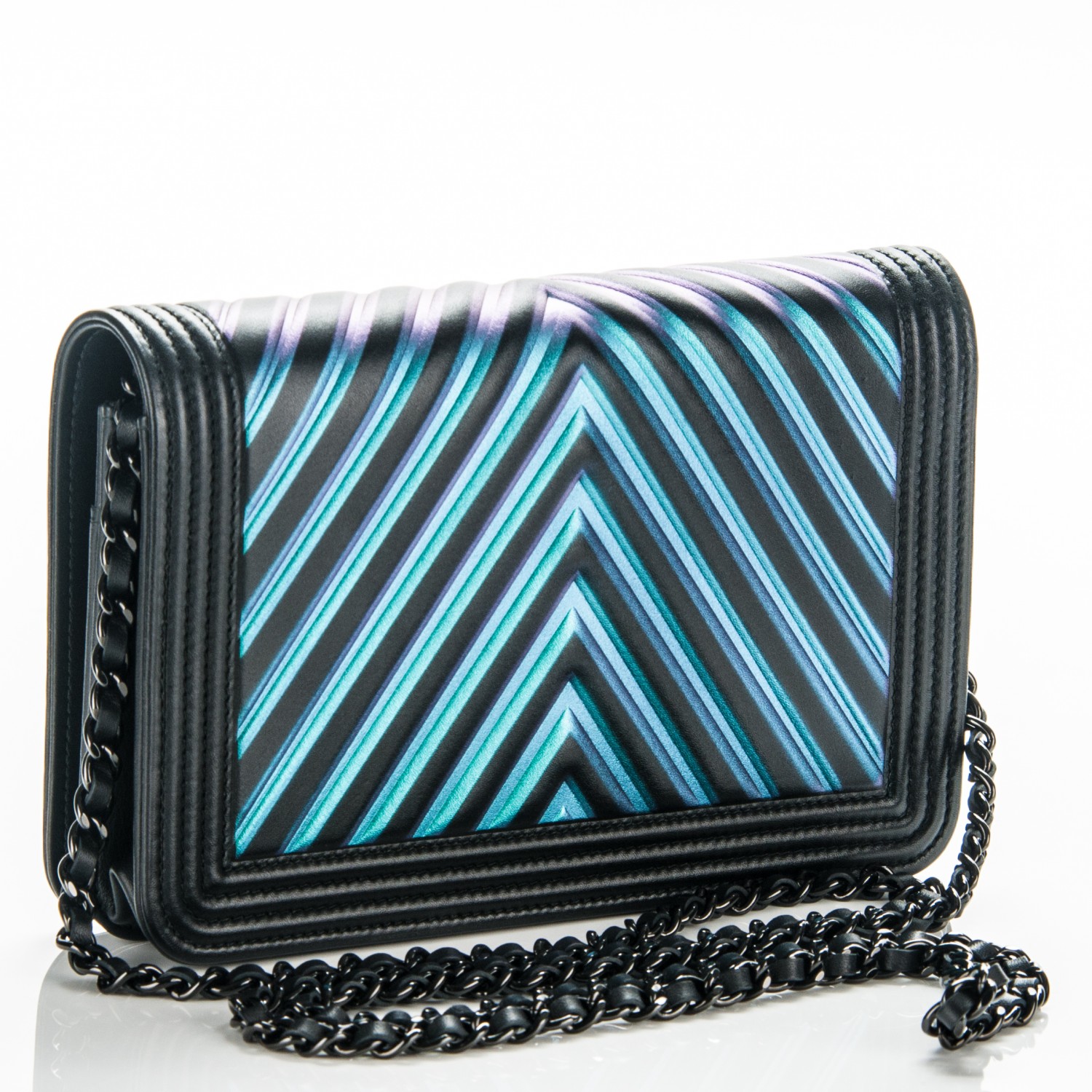 CHANEL Calfskin Painted Chevron Embossed Boy Wallet On Chain WOC Black ...