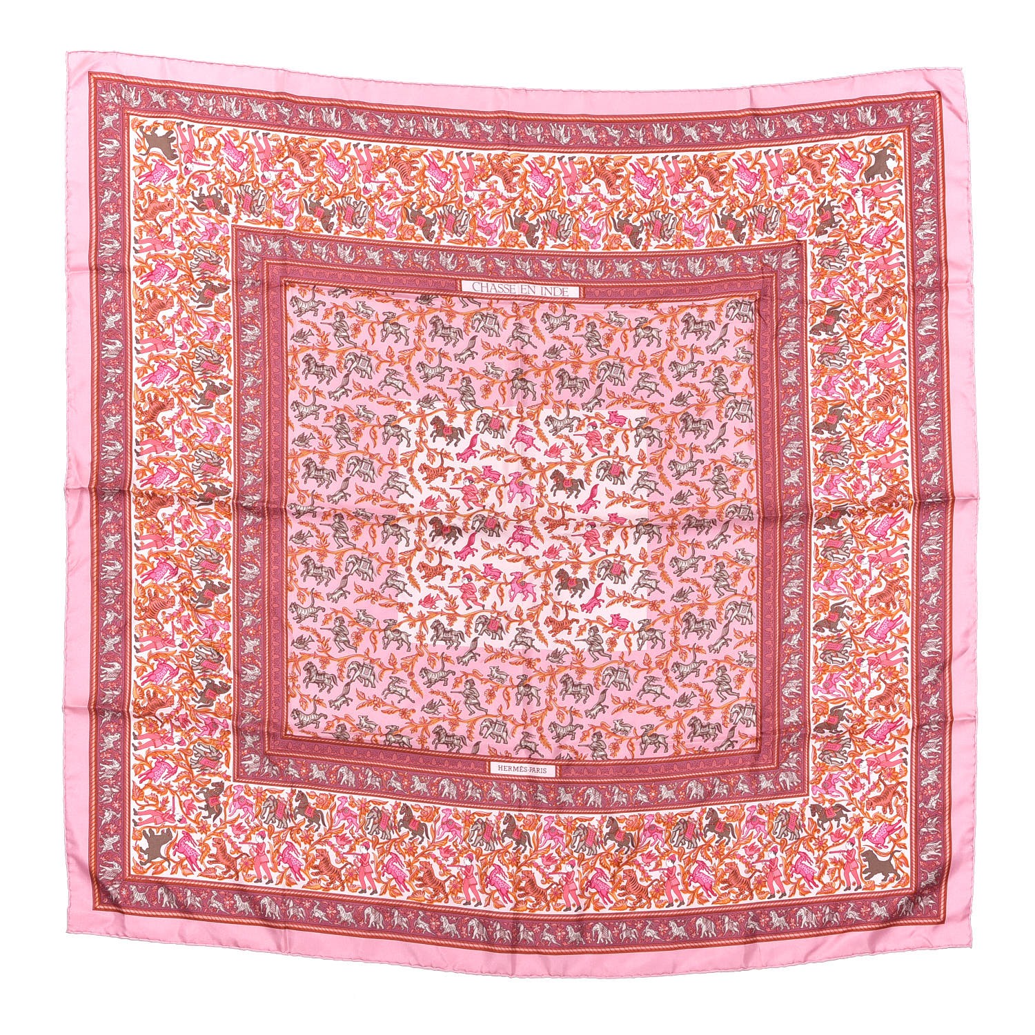 Hermes Silk Chasse En Inde Scarf 90 Cuivre Rose Vieux Rose