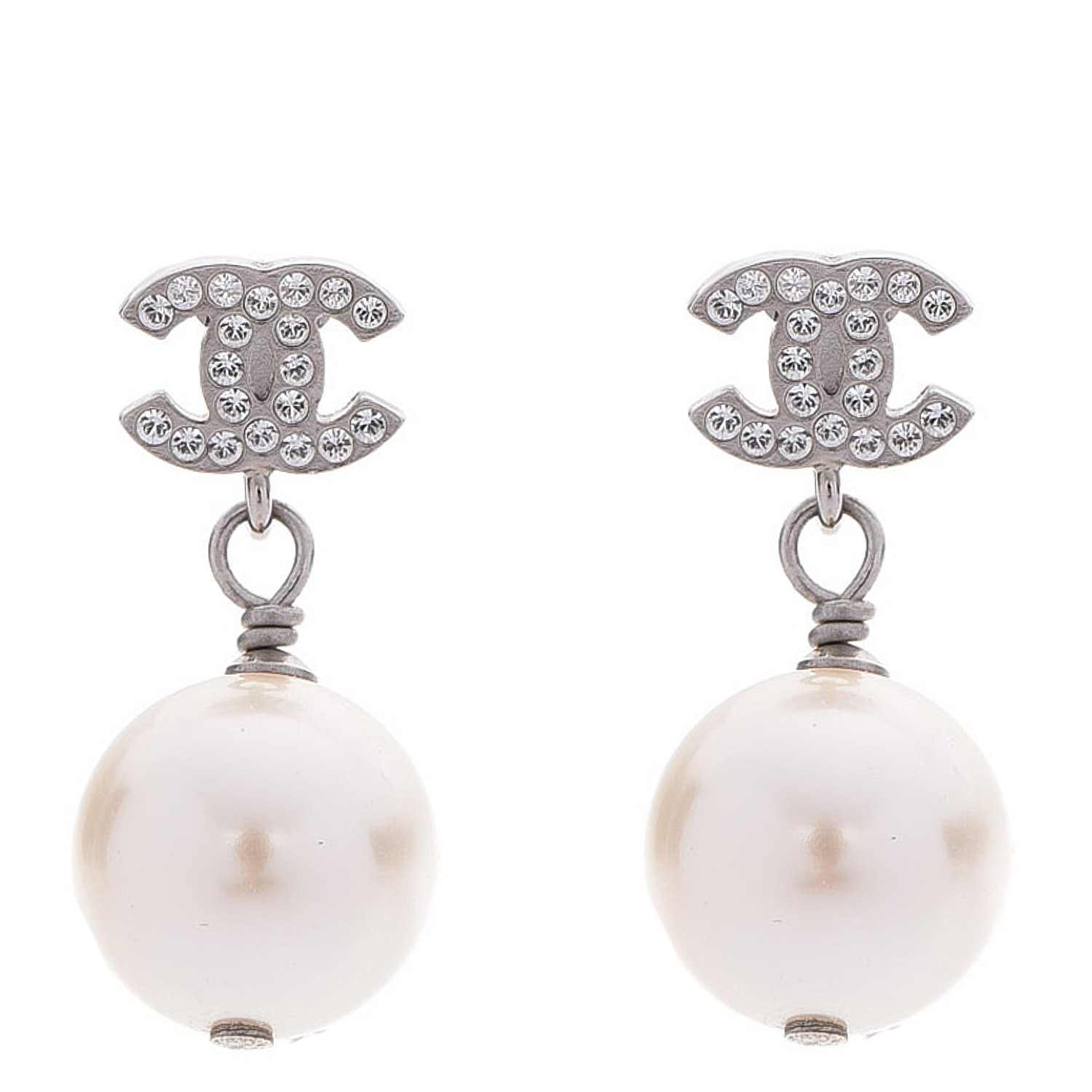 CHANEL Crystal Pearl CC Drop Earrings Silver 228234
