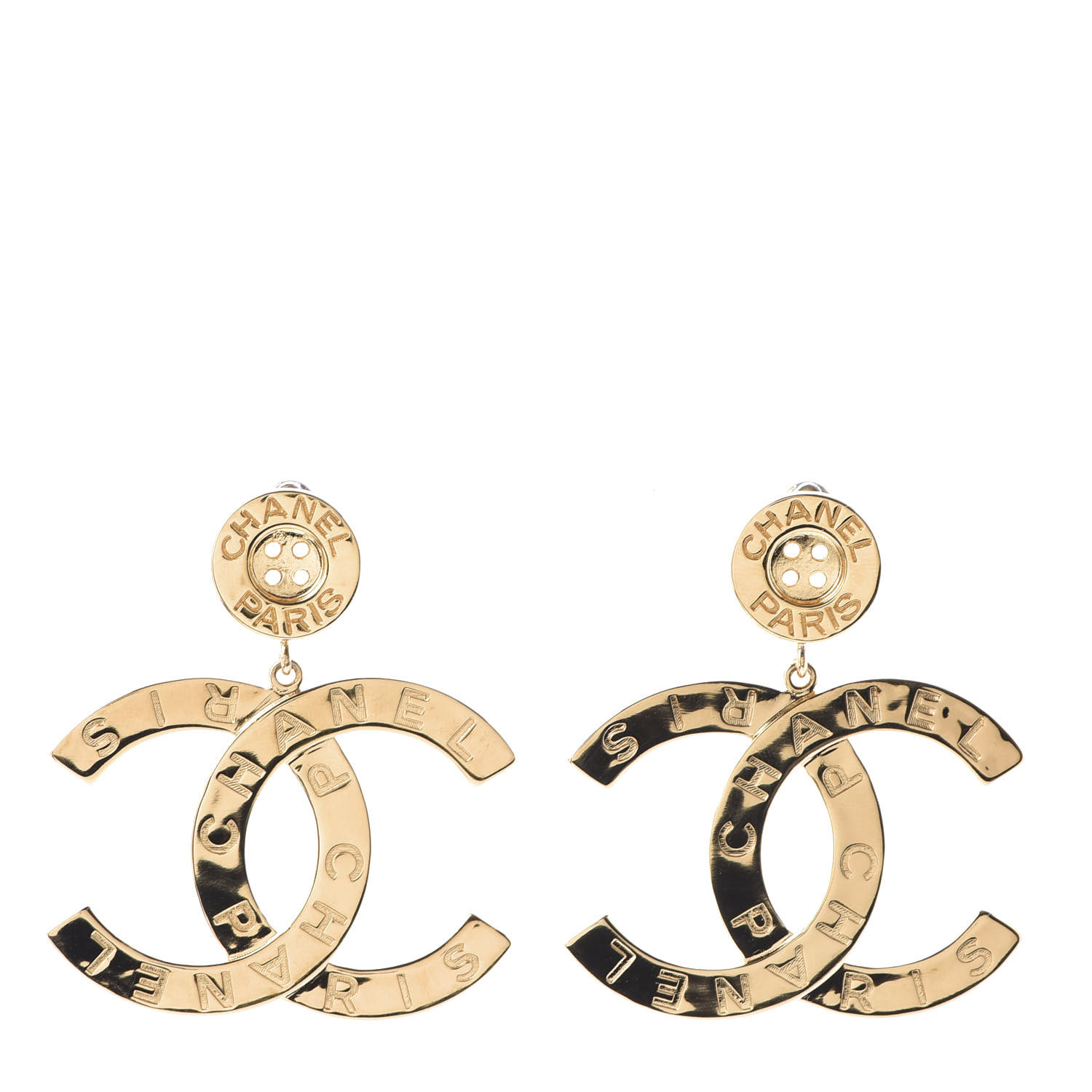 CHANEL Metal Large Paris Button Earrings Gold 585926