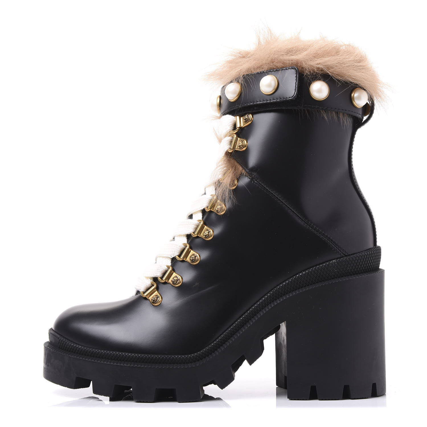 GUCCI Calfskin Fur Pearl Lace Up Combat Ankle Boots 37 Black 577425 ...