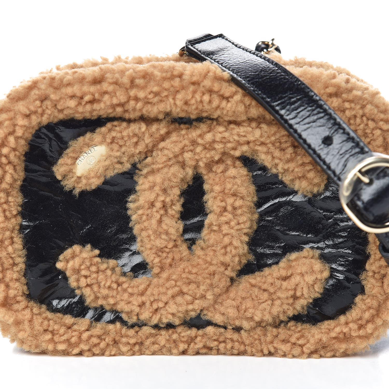 CHANEL Shiny Crumpled Sheepskin Shearling Waist Bag Black Light Brown