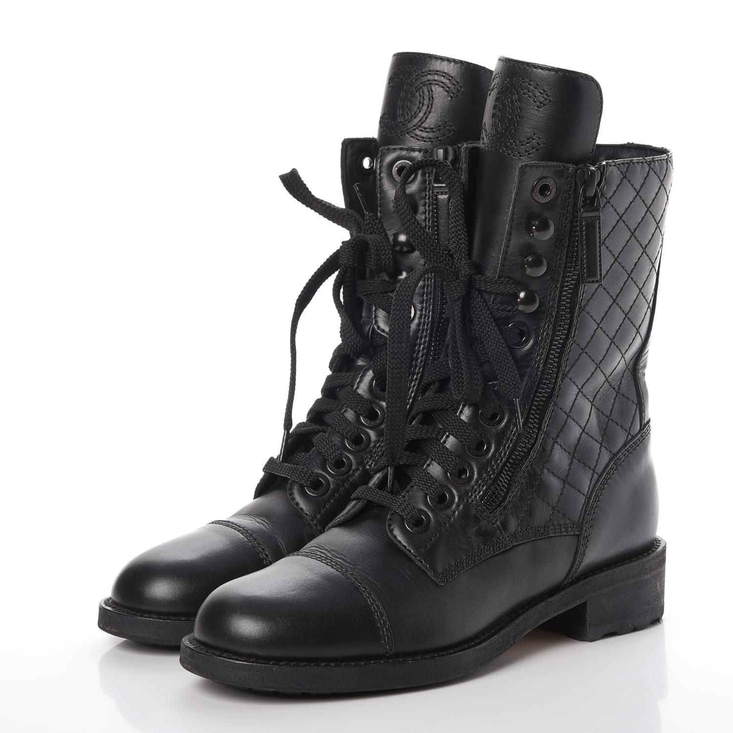 CHANEL Calfskin Quilted Cap Toe Combat Boots 36 Black 280505