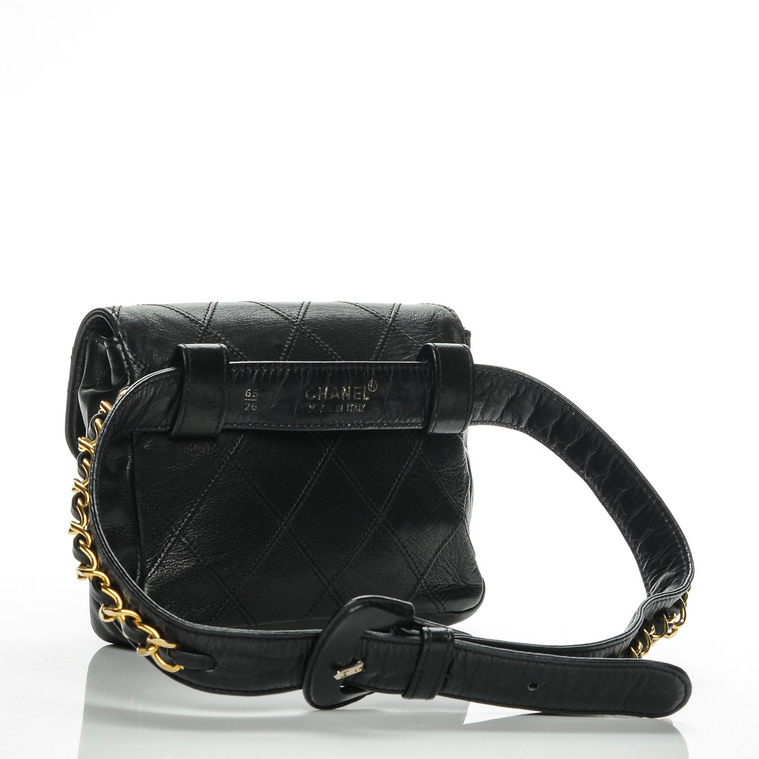 CHANEL Lambskin Diamond Stitched Flap Waist Chain Belt Bag Black 193140