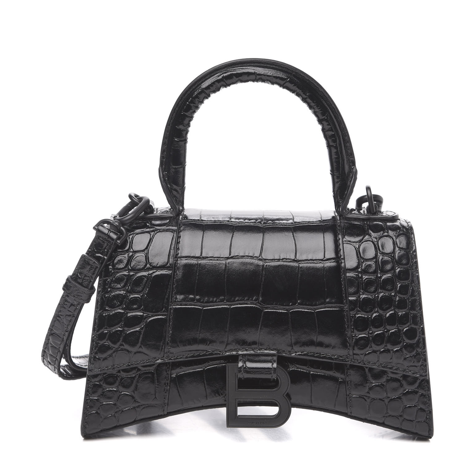 BALENCIAGA Shiny Calfskin Crocodile Embossed Hourglass Top Handle Bag ...