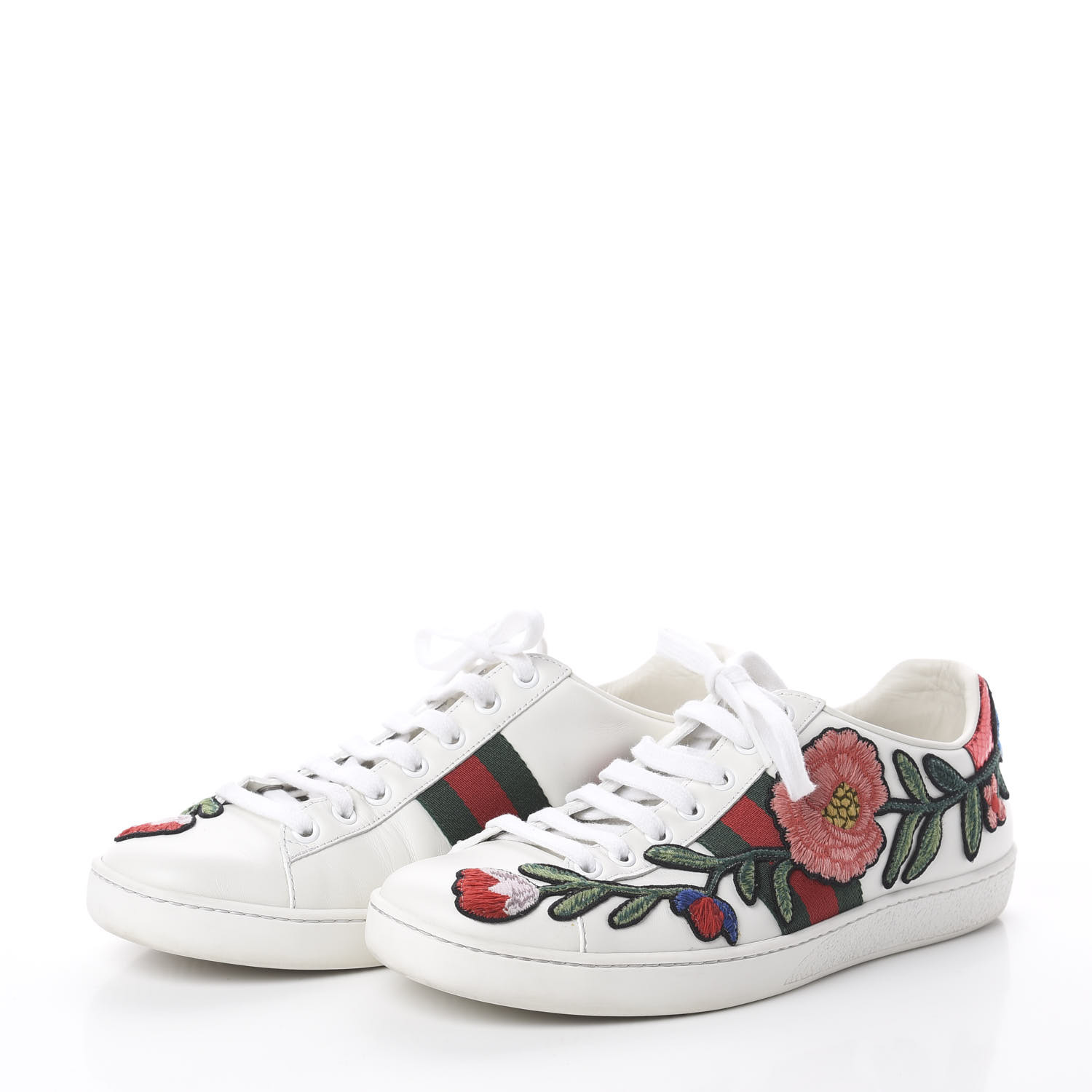 GUCCI Calfskin Web Floral Embroidered Womens Ace Sneakers 38.5 White ...