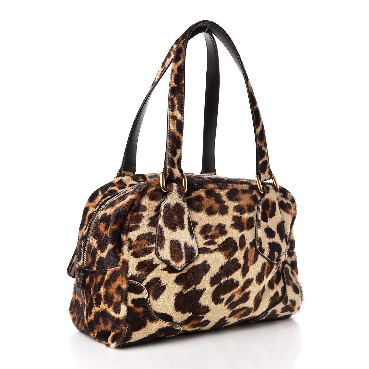 PRADA Leopard Print Pony Hair Cavallino Boston Bag Avorio 317357