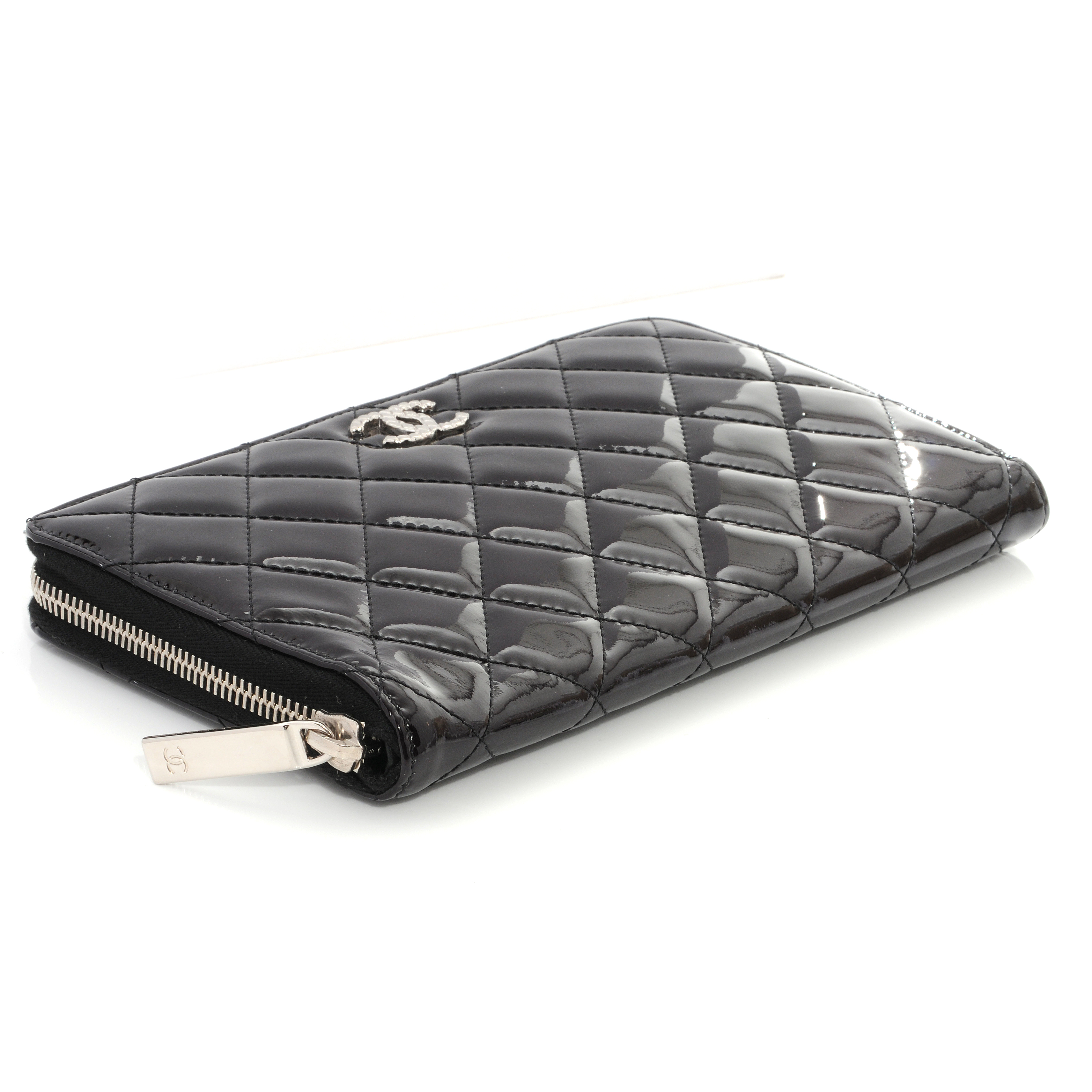 CHANEL Patent Quilted Large Zip Around Wallet Black 42955